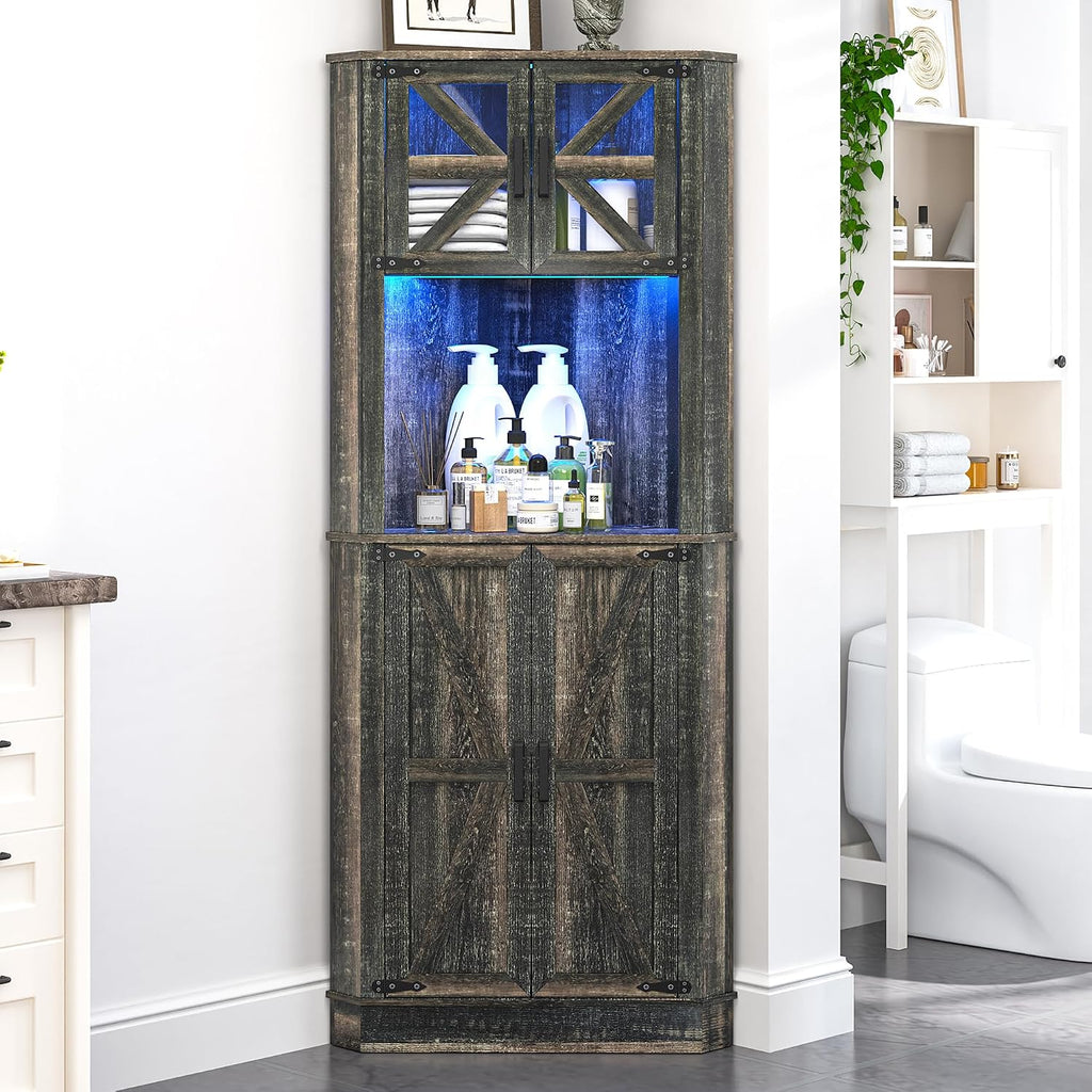 Lvifur Farmhouse Corner Cabinet with LED Lights, Tall Bathroom Storage Cabinet w/Barn Door & Adjustable Shelves, for Living Room (Dark Rustic Oak)