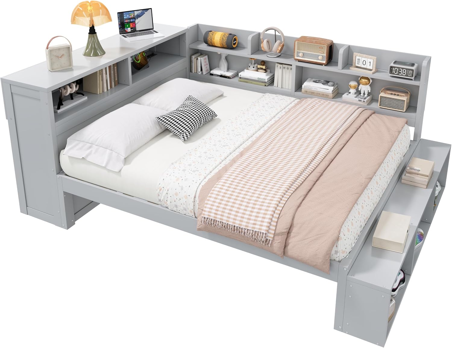 RuiSiSi Full Size Corner Bed with Bookcase, L-Shaped Daybed with Shoe Cabinets & USB Ports, Wood Full Corner Daybed Frame for Kids Teens Guest Room Bedroom, Grey