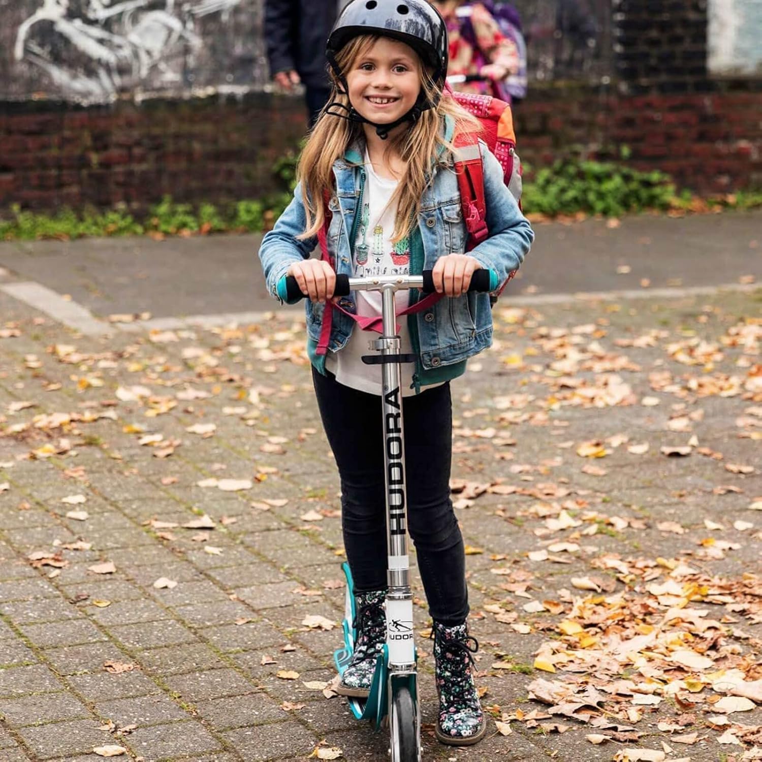 HUDORA Adjustable Height Folding Scooter for Kids, Blue, 8 Inch Big Wheels