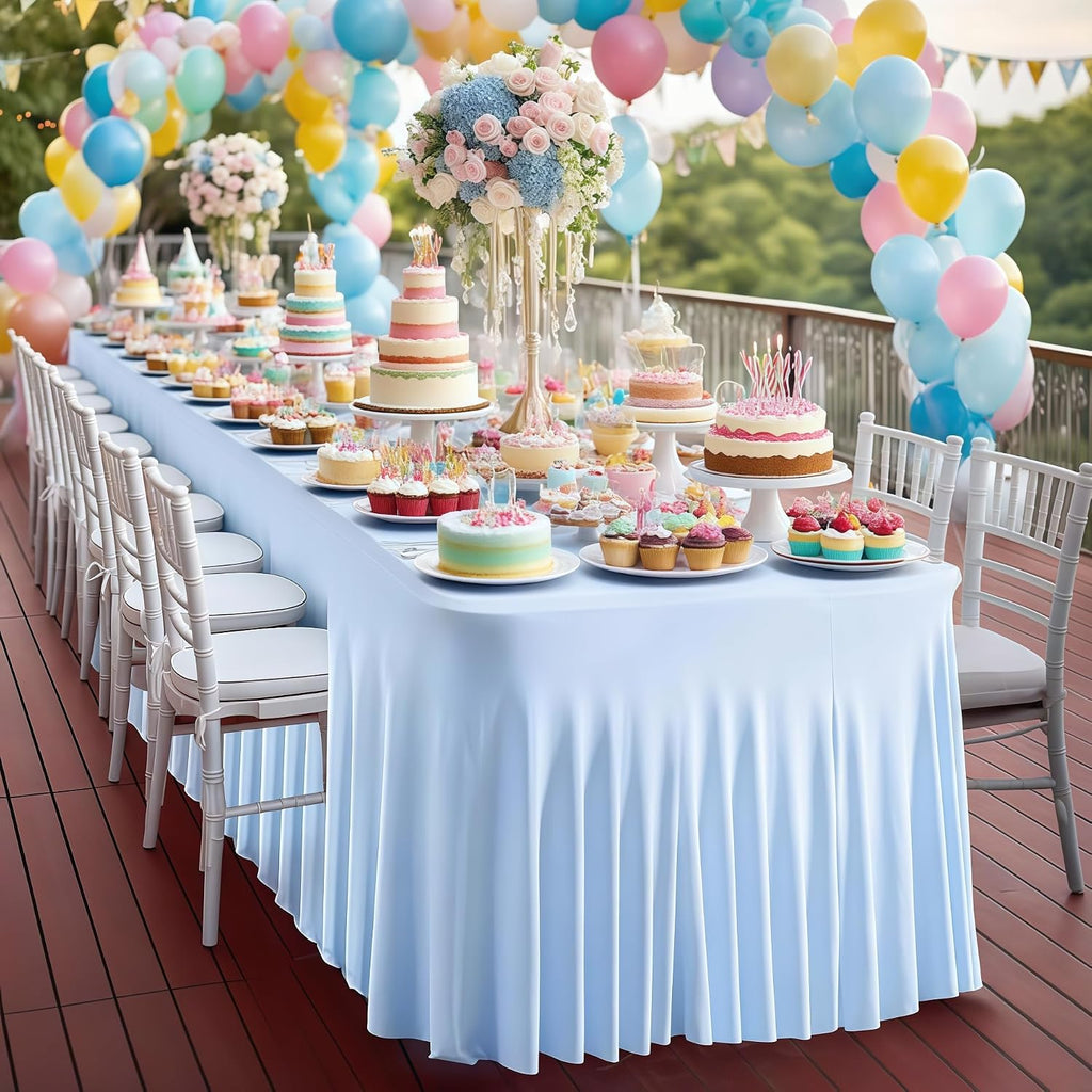 6 Pack Blue Spandex Fitted Tablecloth 8 Foot - Stretch Table Clothes for 8 FT Rectangle Table, Washable Ruffles Elastic for Weddings, Buffet, Banquet, Trade Craft Show, Party Celebration
