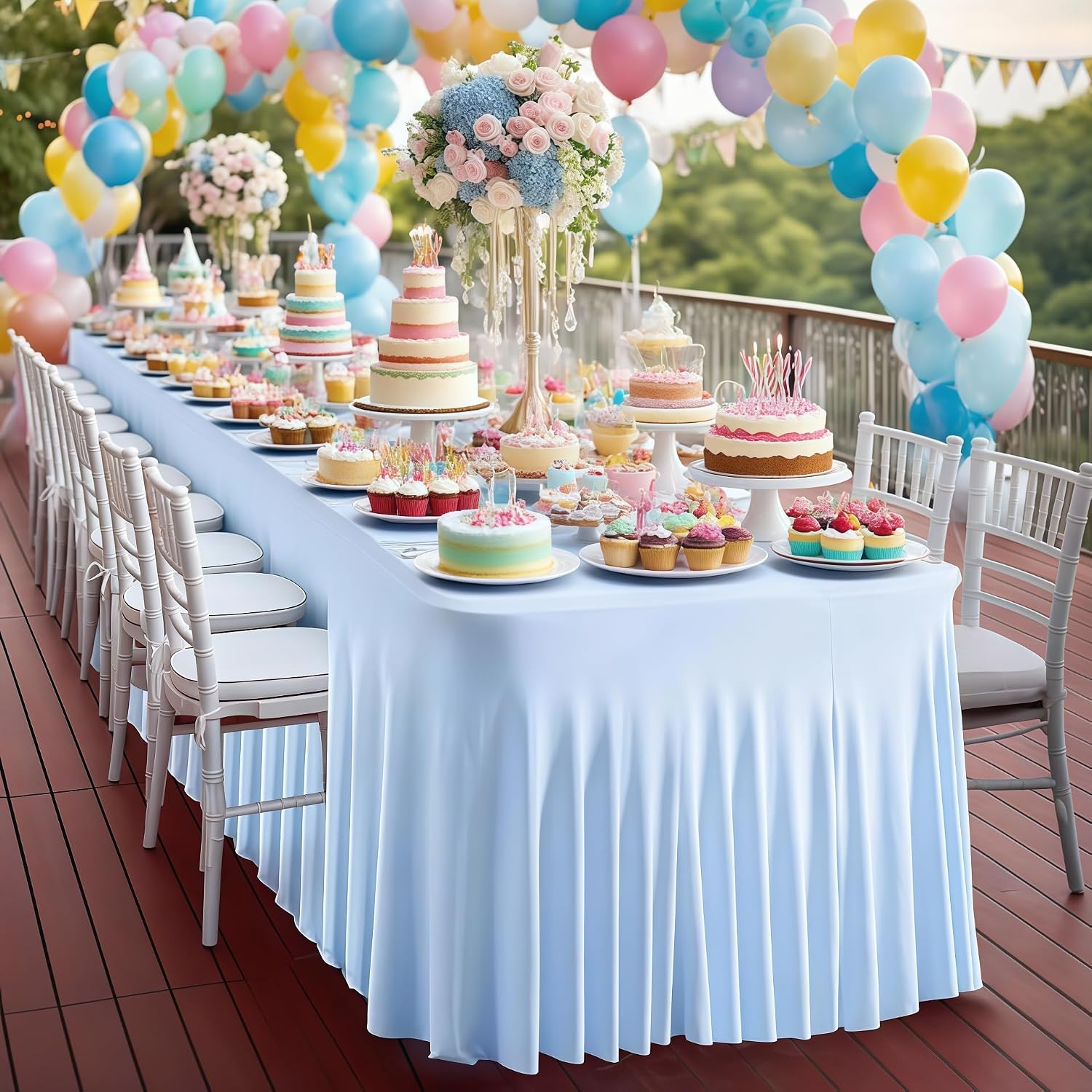 6 Pack Blue Spandex Fitted Tablecloth 8 Foot - Stretch Table Clothes for 8 FT Rectangle Table, Washable Ruffles Elastic for Weddings, Buffet, Banquet, Trade Craft Show, Party Celebration