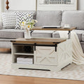 Farmhouse Lift Top Coffee Table, Wood Square Coffee Table with Sliding Barn Door and Adjustable Shelf Rustic Center Table with Hidden Storage Compartment for Living Room, Rustic White