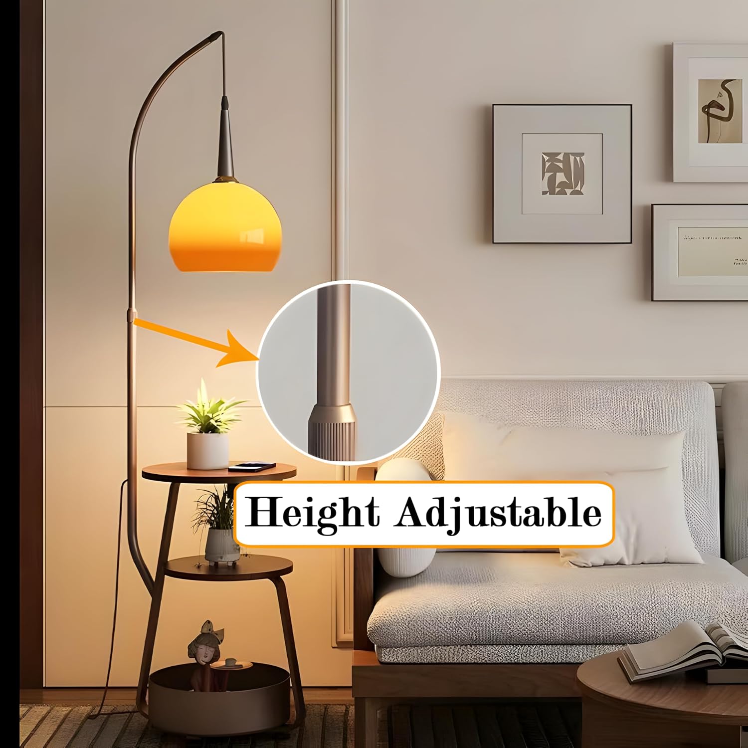 Bofea-Modern Orange Floor Lamp for Living Room,Mid Century Tall Lamps with Tea Table & Storage Bucket,Fishing Standing Lamp with Glass Lampshade,Mid Century Floor Lamp for Bedroom Corner.