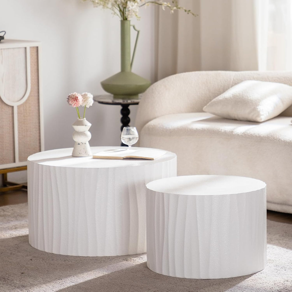Nesting Coffee Table Set of 2, Modern Round Wooden Drum Side End Coffee Tables for Living Room, Bedroom, White-03