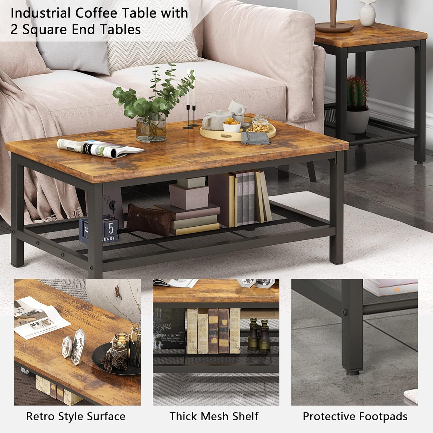 furlinkhm Coffee Table Set of 3, Industrial Coffee Table with 2 Square End Side Tables, Modern Living Room Table Set, with Metal Frame, for Apartment Home Office, Brown