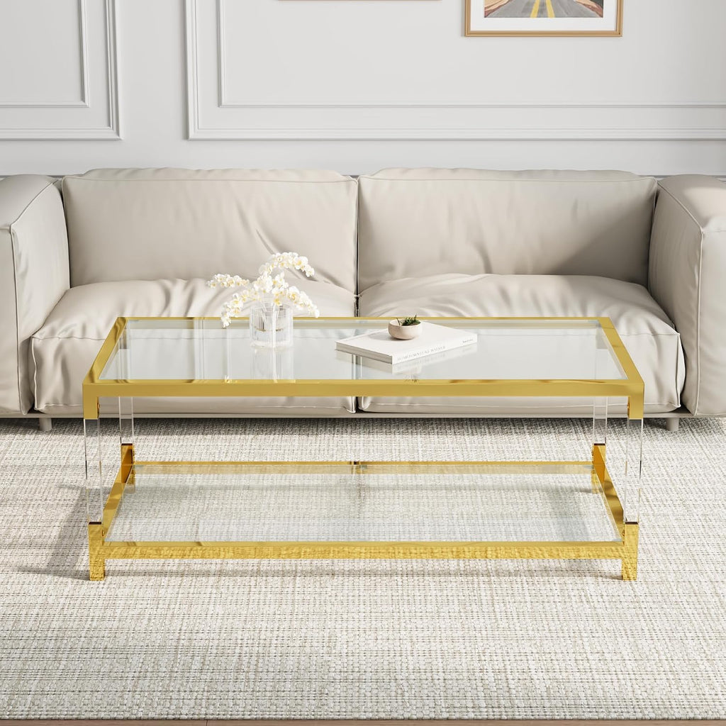 Glass Coffee Table, Modern Glass Table, Gold Rectangular Center Table, Glass Top & Acrylic Legs 2-Tier Storage for Home Living Office (Gold, 47.2'')
