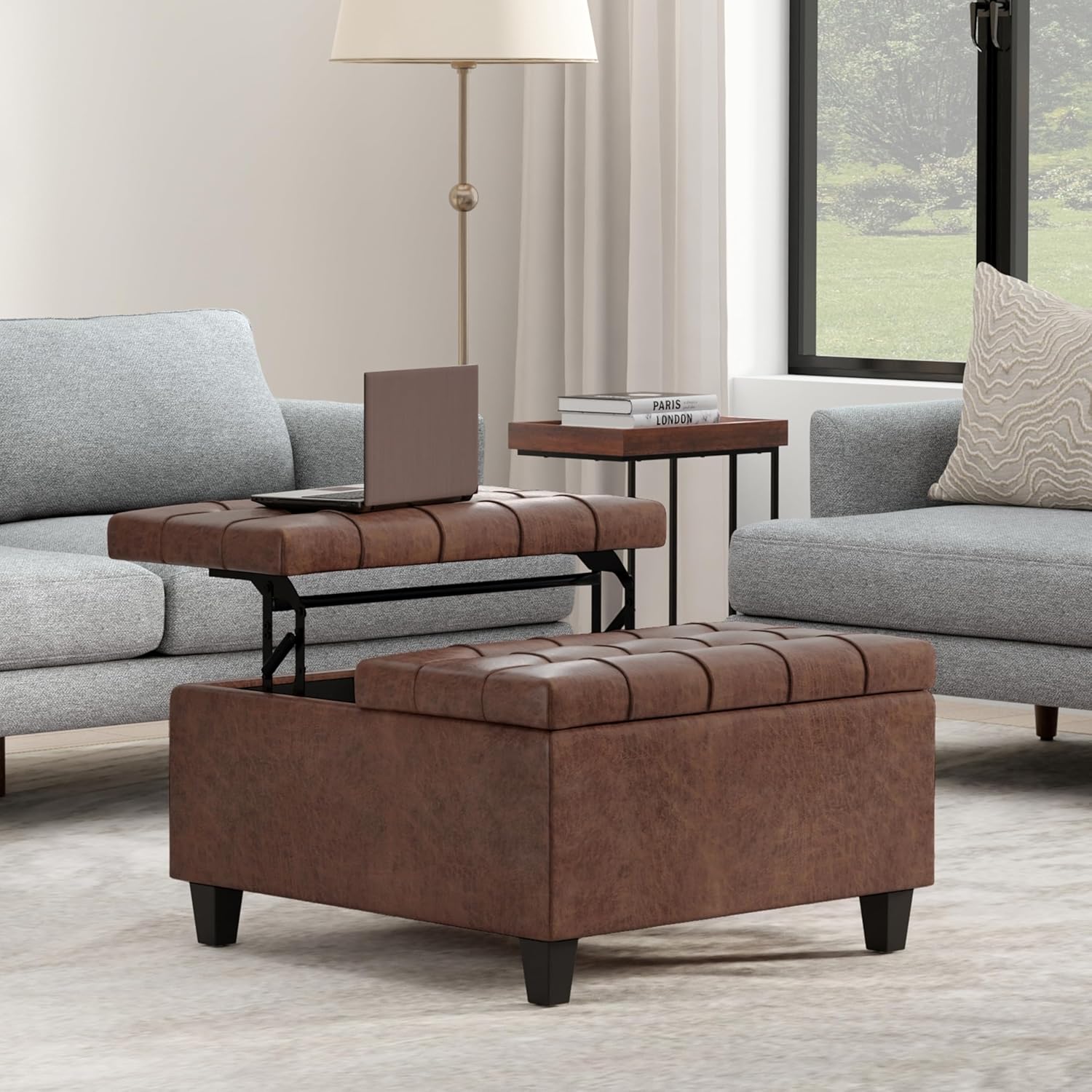 SIMPLIHOME Harrison Small Coffee Table Storage Ottoman - 30 inch Wide Upholstered Vegan Leather Square Lift-Top Ottoman in Distressed Saddle Brown, Transitional Ottoman for Living Room with Storage