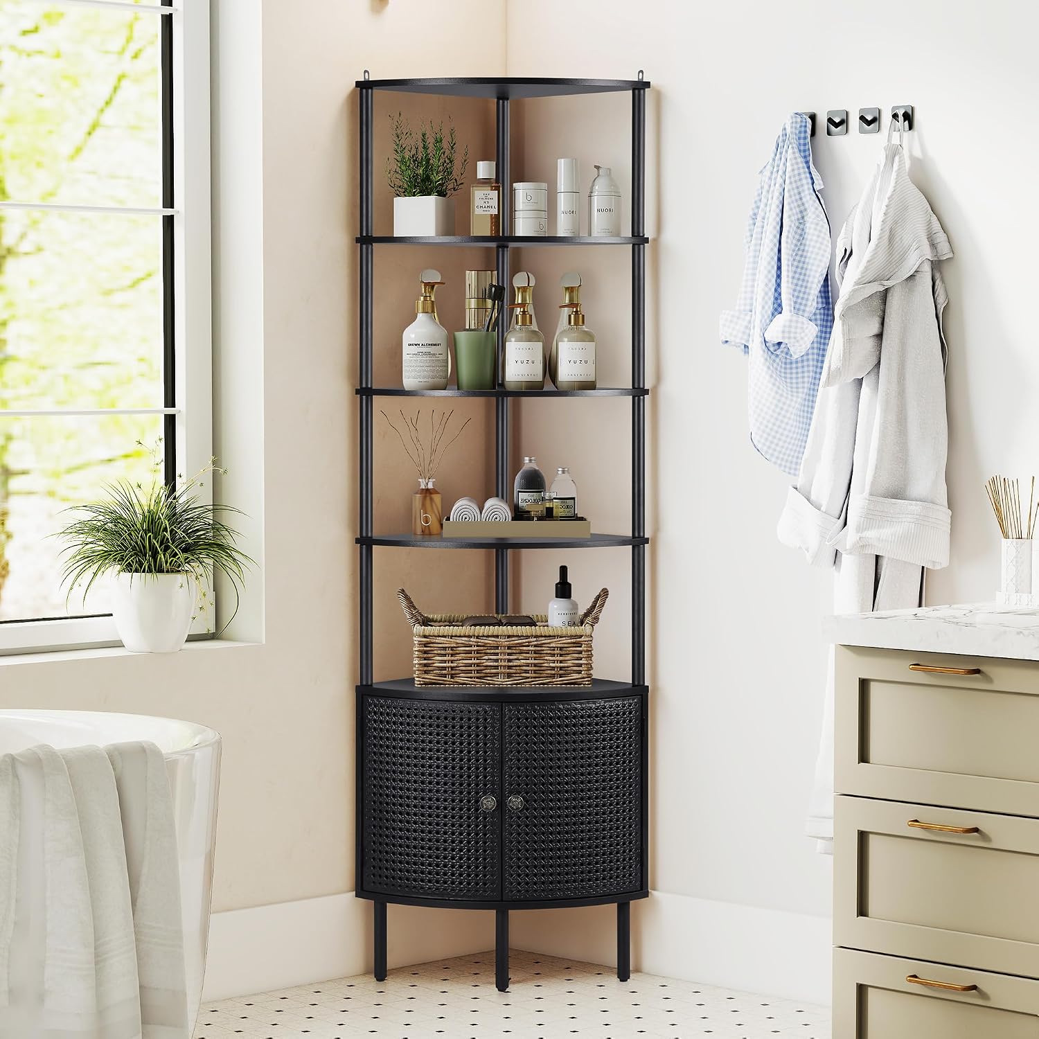 Corner Book Shelf Organizer, Black Bookshelf with Doors, Tall Bookshelf Organizer, 5 Shelf Bookcase Shelf, Metal Book Shelf for Bedroom,Bathroom,Living Room,Kitchen - Black