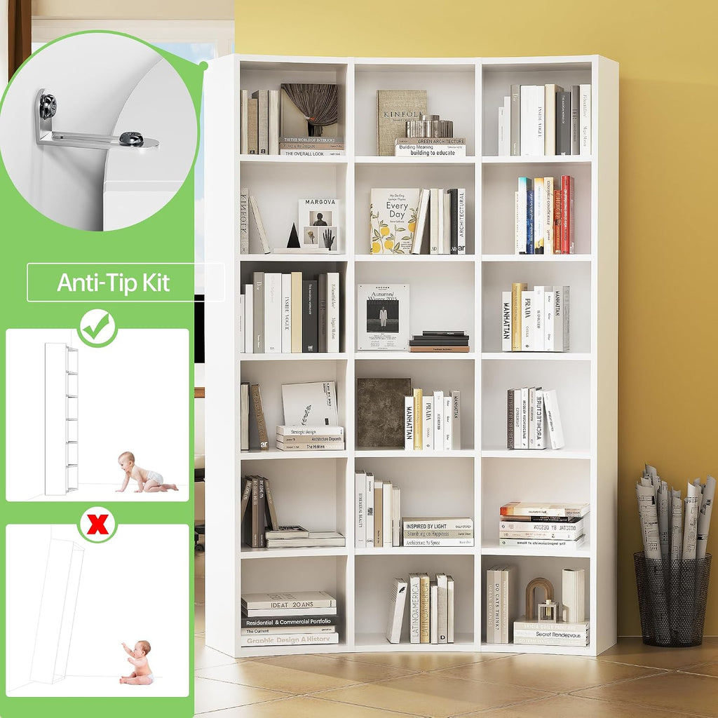 71' Triple Wide Bookshelf, 6 Tier Tall Bookshelf, Large Book Shelf with Curved Baffle, 41.5' Wide Bookcase with 18 Open Floor Standing Display Shelves for Living Room, White