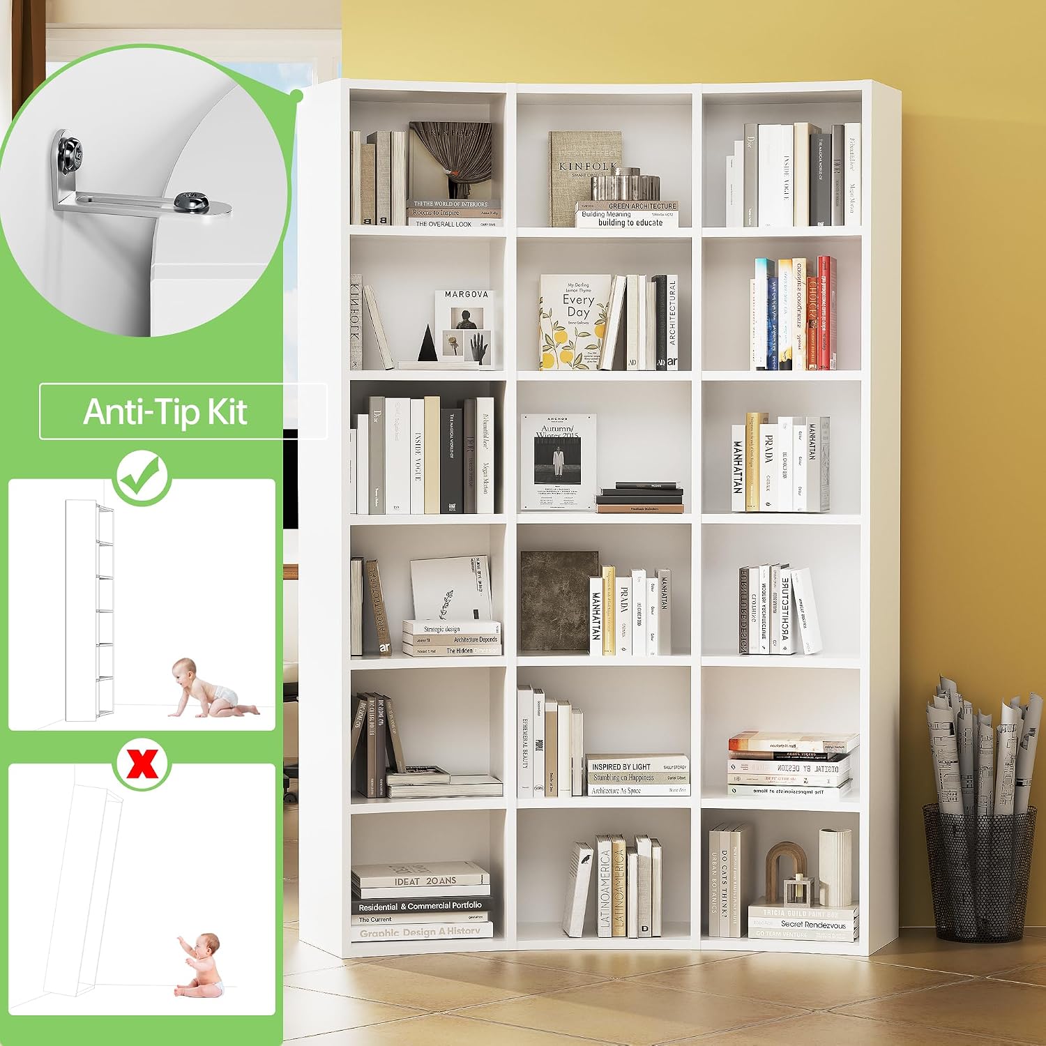 71' Triple Wide Bookshelf, 6 Tier Tall Bookshelf, Large Book Shelf with Curved Baffle, 41.5' Wide Bookcase with 18 Open Floor Standing Display Shelves for Living Room, White