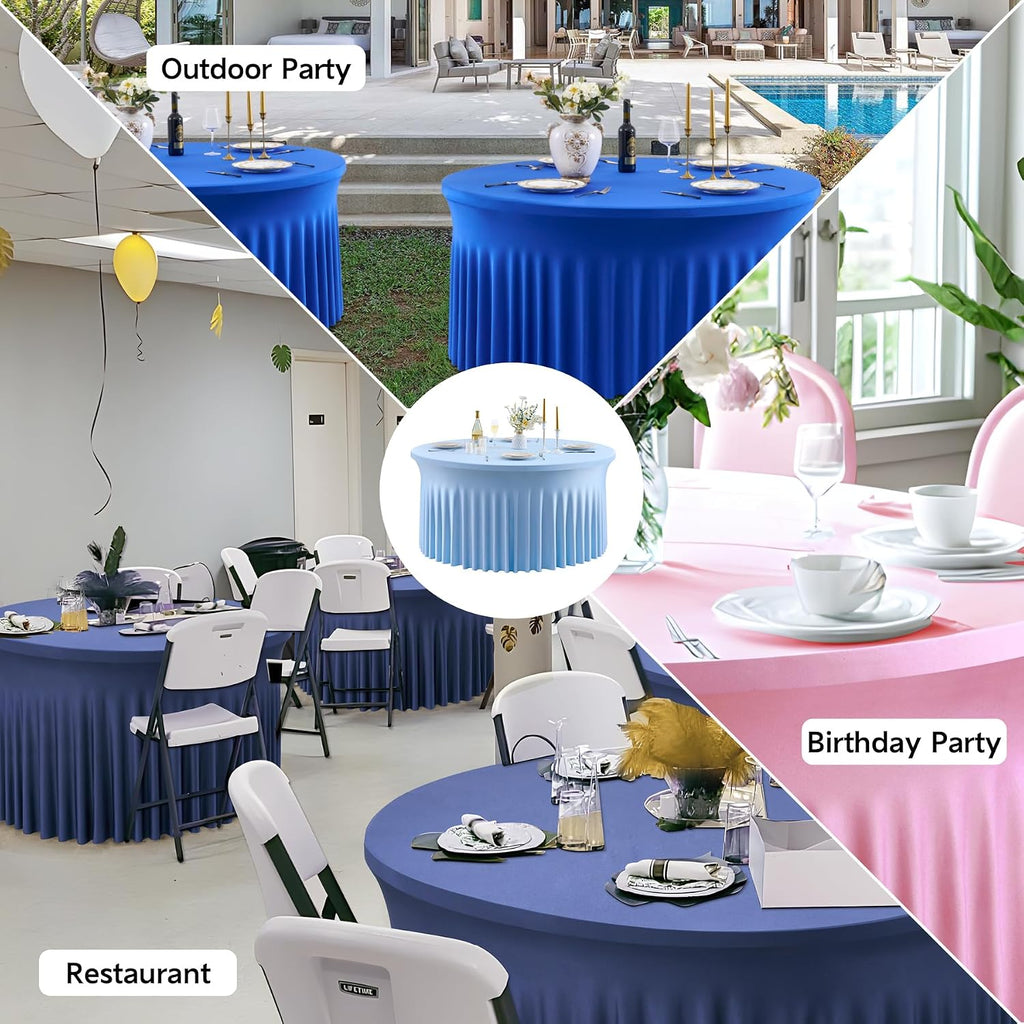 leegleri 6 Pack Baby Blue Spandex Round Tablecloths for 60 inch Table, Stretchy 120inch Fitted 5FT Round Table Cloths, Wrinkle Free Table Cover with Skirt for Wedding Party Dining Banquet