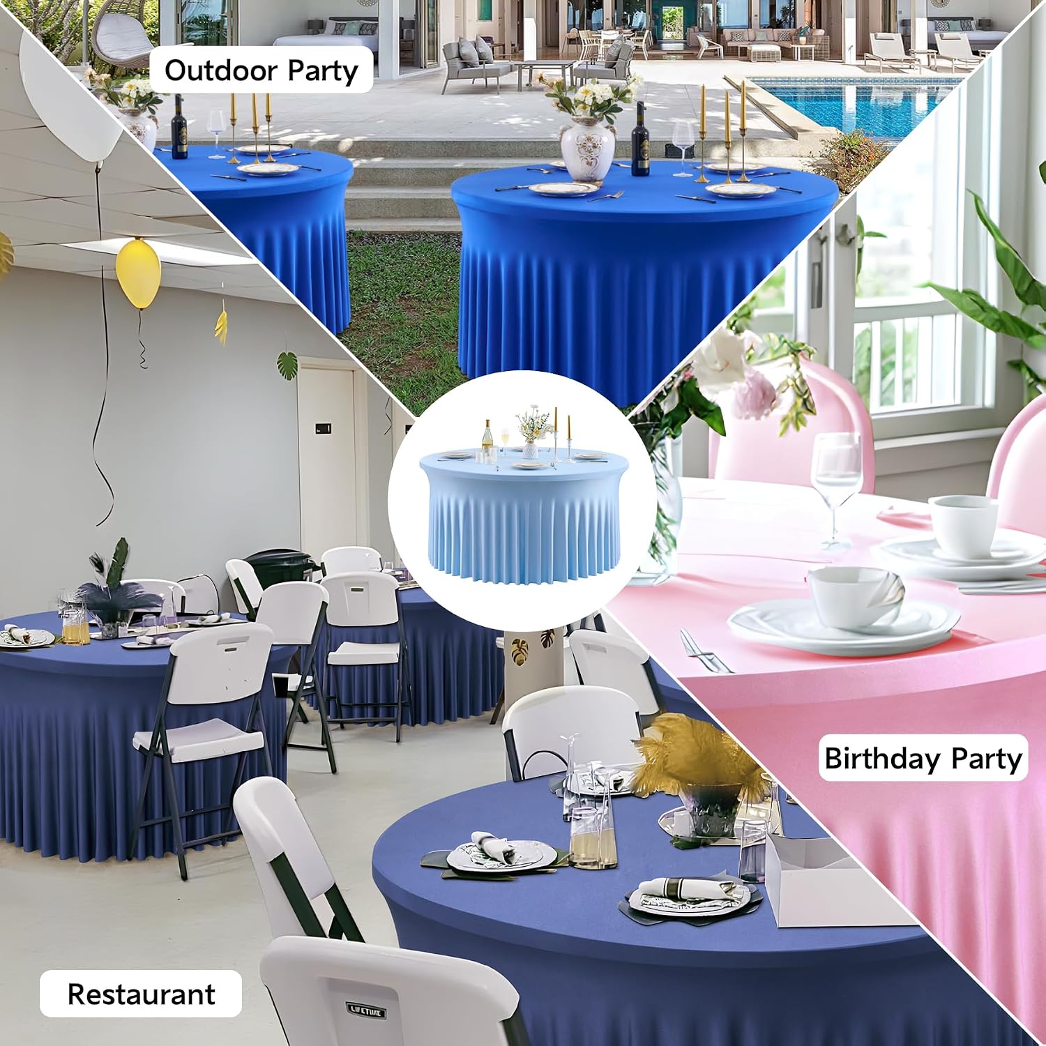 leegleri 6 Pack Baby Blue Spandex Round Tablecloths for 60 inch Table, Stretchy 120inch Fitted 5FT Round Table Cloths, Wrinkle Free Table Cover with Skirt for Wedding Party Dining Banquet