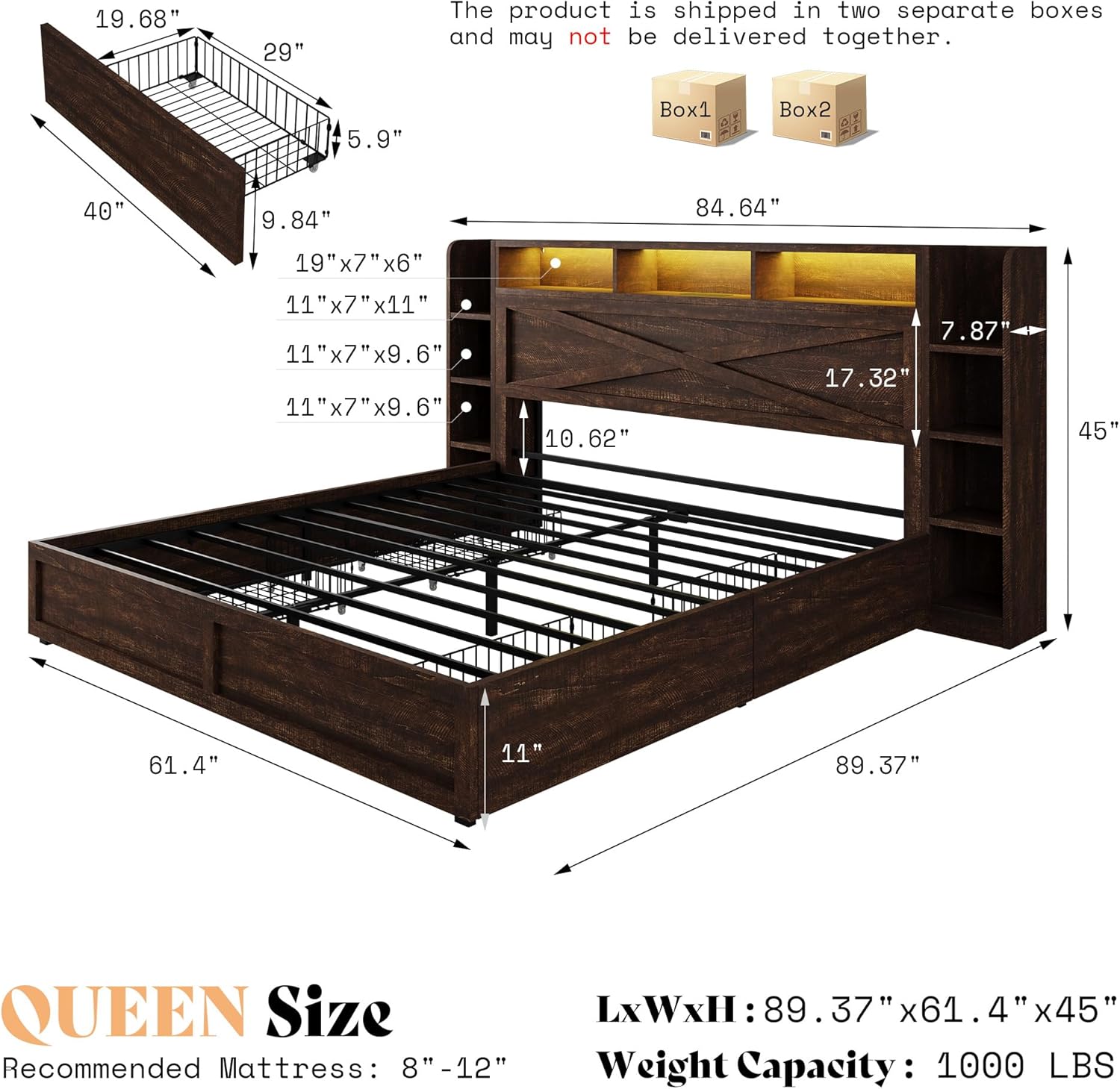 AMERLIFE 45'' Farmhouse Queen Bed Frame with 4 Drawers, LED Bed Frame with Bookcase Headboard & Side Shelves, Wood Platform Bed with Charging Station, Walnut