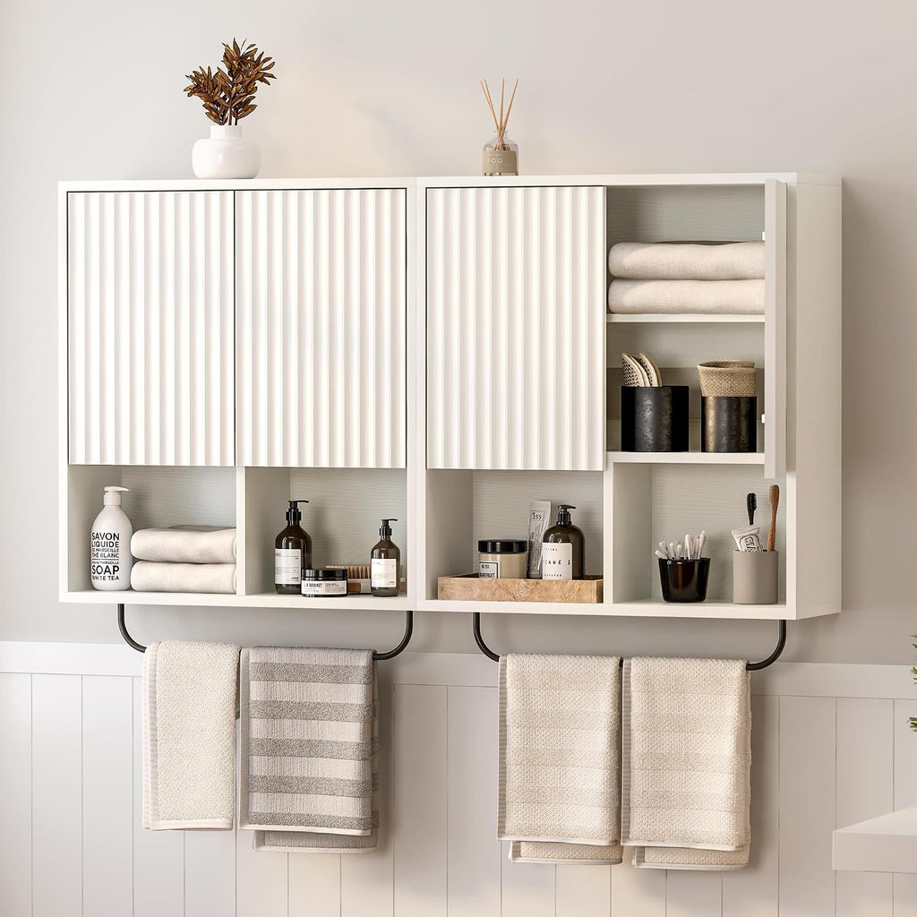 EYYTHUNG Fluted Wall Cabinet Set of 2, Wooden Bathroom Medicine Cabinet Storage with 2 Doors, Adjustable Shelf and Towels Bar, Modern Wall Mount Large Floating Cabinet for Kitchen White