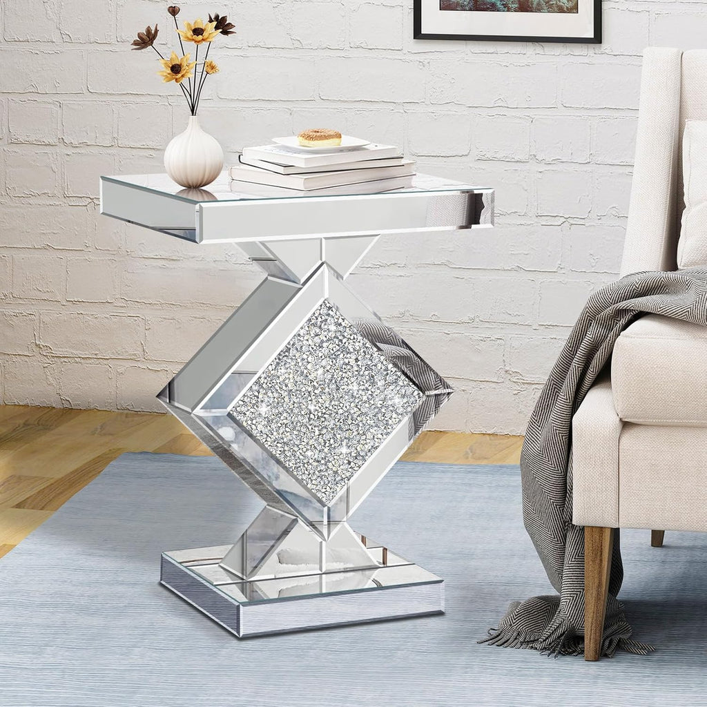 Crushed Diamond Mirrored End Table, Silver Side Accent Table, Small Mirrored Coffee Table for Living Room, Bedroom, 16'x16'x24'