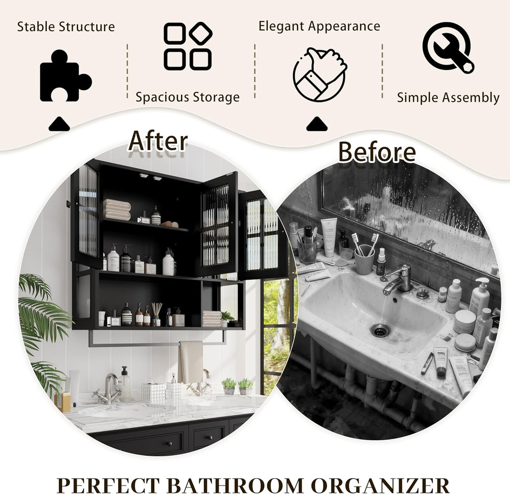 Bathroom Medicine Cabinet Wall Mount with Tempered Glass Doors Open and Hidden Storage Towel Bar for Bathroom Over The Toilet Laundry Room Kitchen
