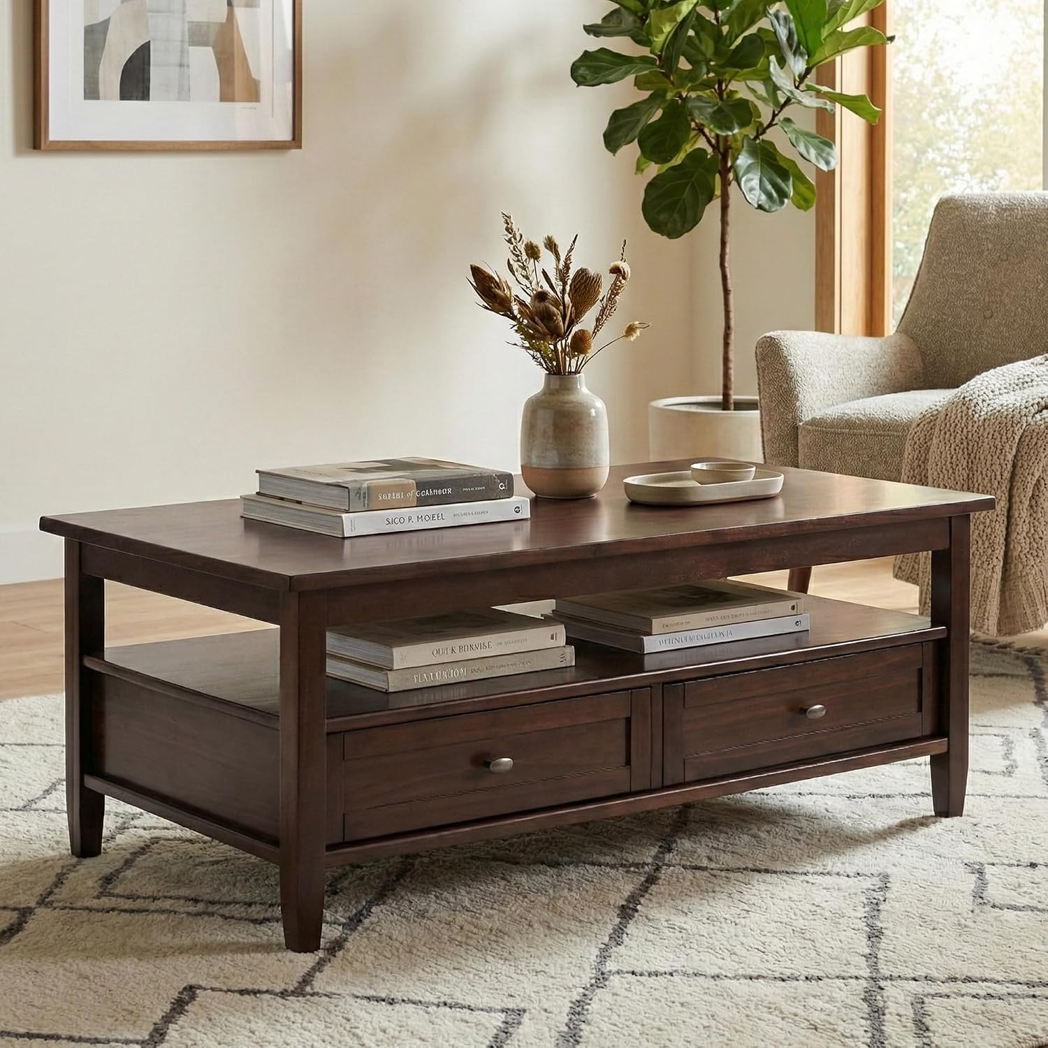 SIMPLIHOME Warm Shaker Coffee Table - 48 inch Wide Solid Wood Coffee Table in Tobacco Brown, Transitional Living Room Table with 2 Drawers, Open Shelf, Shaker Fronts and Tapered Legs