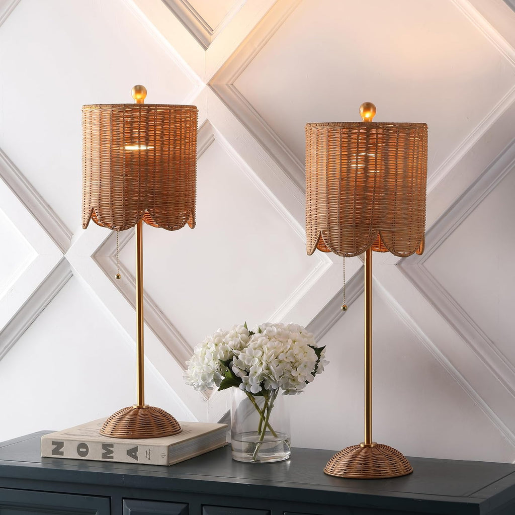 JONATHAN Y 27.5' Brass Gold Coastal Buffet Table Lamp Set of 2 for Bedroom, Boho Table Lamps with Natural Rattan Scalloped Shade, Pull Chain, LED Bulbs Included JYL1138A-SET2