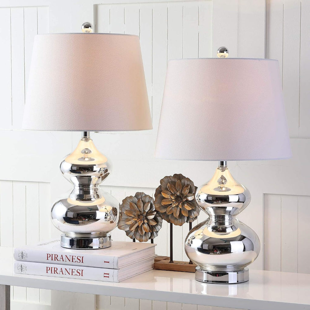 SAFAVIEH Lighting Collection Eva Modern Contemporary Silver Double Gourd Glass 24-inch Bedroom Living Room Home Office Desk Nightstand Table Lamp Set of 2 (LED Bulbs Included)