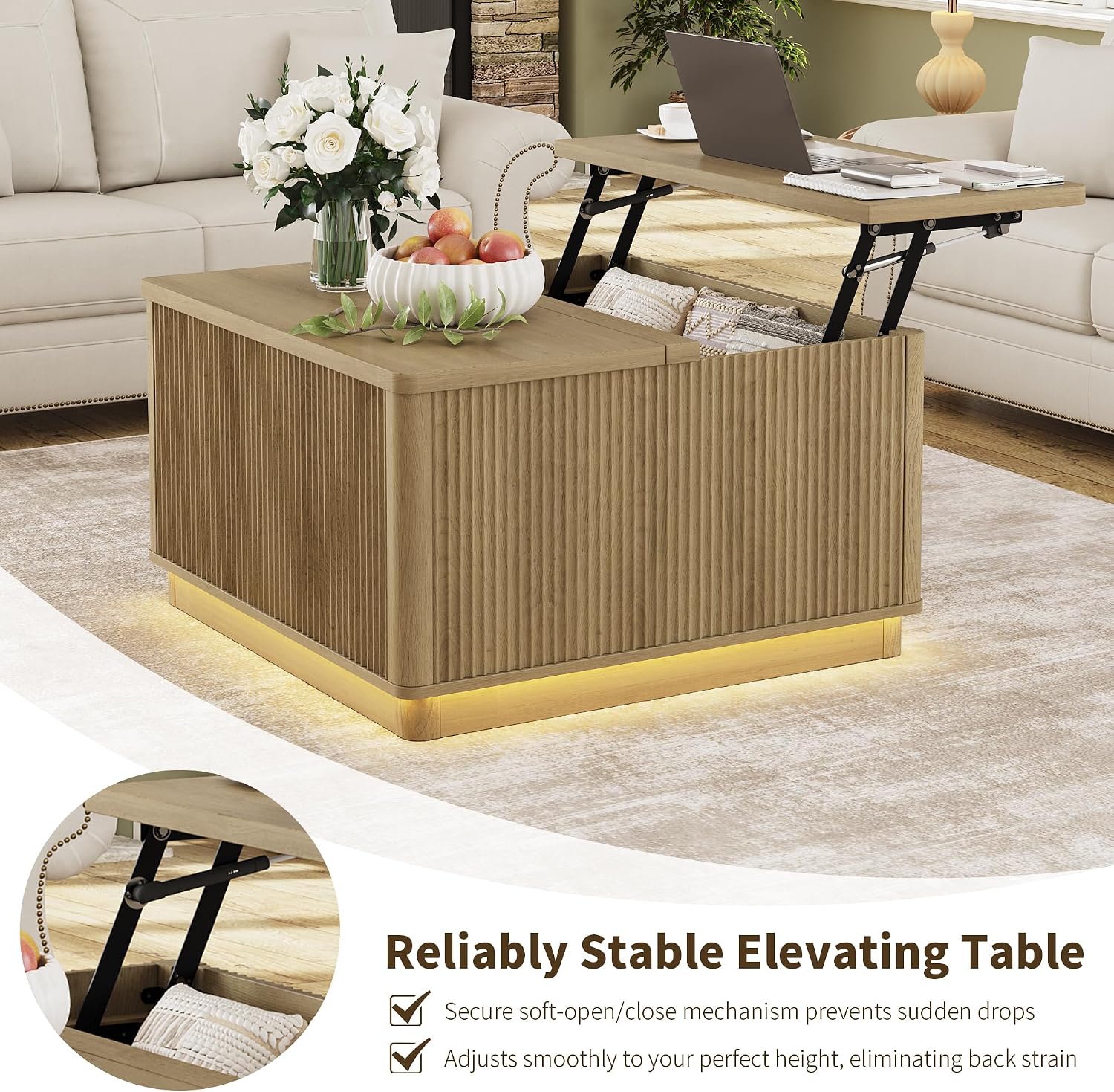 Modern Lift Top Coffee Table with Storage, Square Coffee Tables with LED Lighting and Power Outlet, Wooden Square Center Table for Living Room, Home Office, Natural
