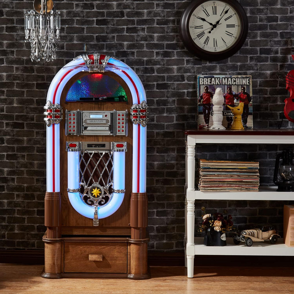 Arkrocket Full Size Jukebox Vinyl Record Player Bluetooth USB SD CD Player Radio Retro Turntable Classic Jukebox (Taurus II + Stand - Oak)