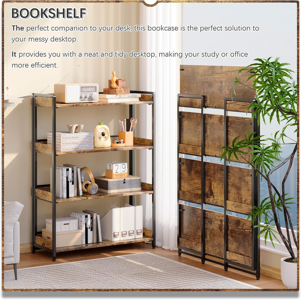 4NM Extra Wdie No Assembly Folding Bookshelf, 50.8' H x 30.9' W, 4 Tier Collapsible Book Shelf Bookcase Foldable Shelves for Bedroom Living Room Home Office - Rustic Brown & Black