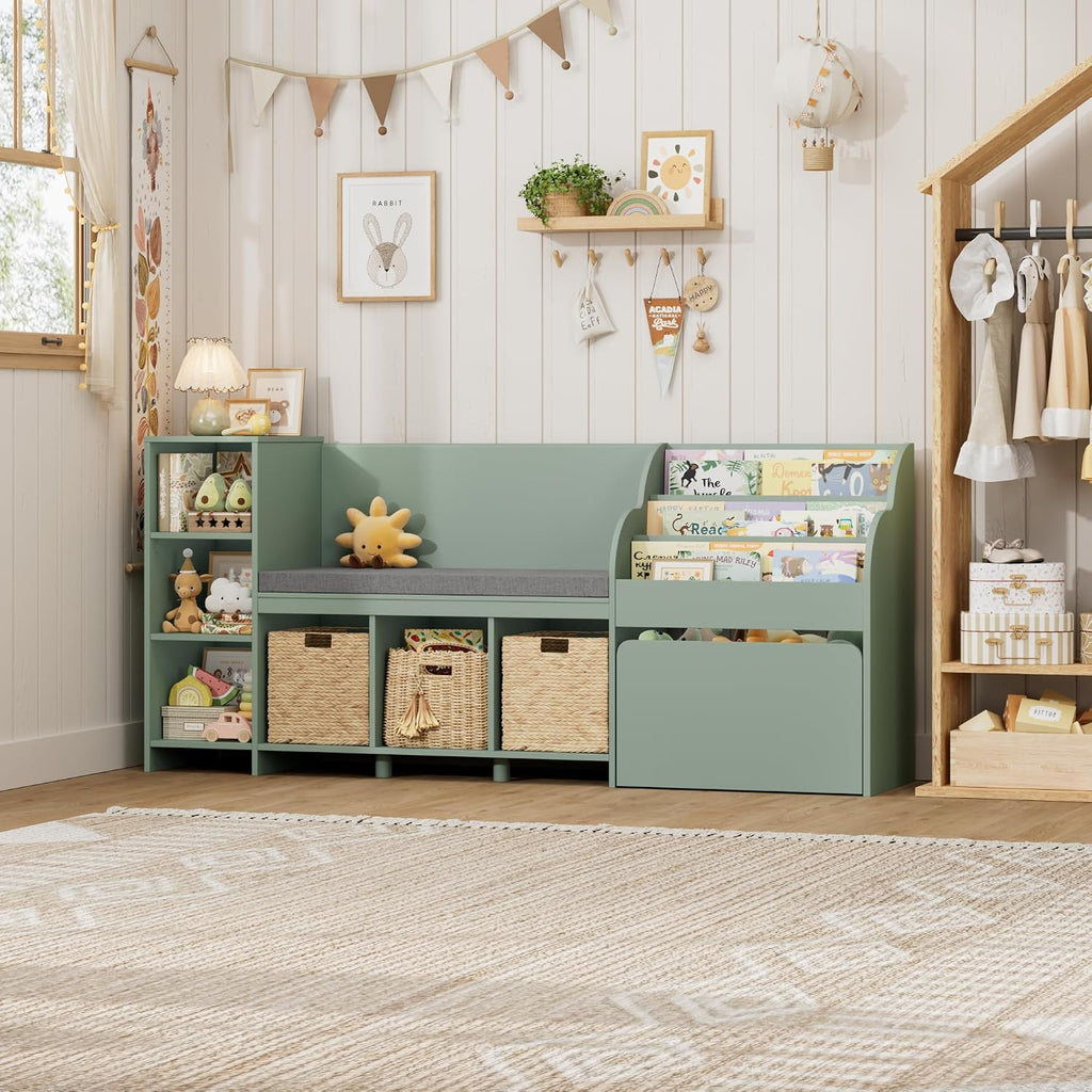 HOSTACK 67' W Kids Reading Nook with Toy Storage Organizer, Large Kids Bookshelf with Toy Storage Box on Wheels, Big Kid Bookcase with Bench and 6 Open Cubbies for Playroom, Kid Room, Green