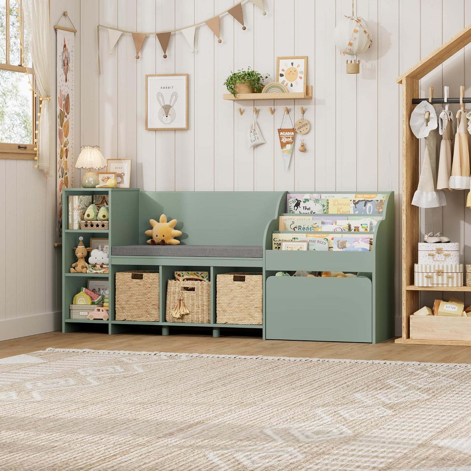 HOSTACK 67' W Kids Reading Nook with Toy Storage Organizer, Large Kids Bookshelf with Toy Storage Box on Wheels, Big Kid Bookcase with Bench and 6 Open Cubbies for Playroom, Kid Room, Green
