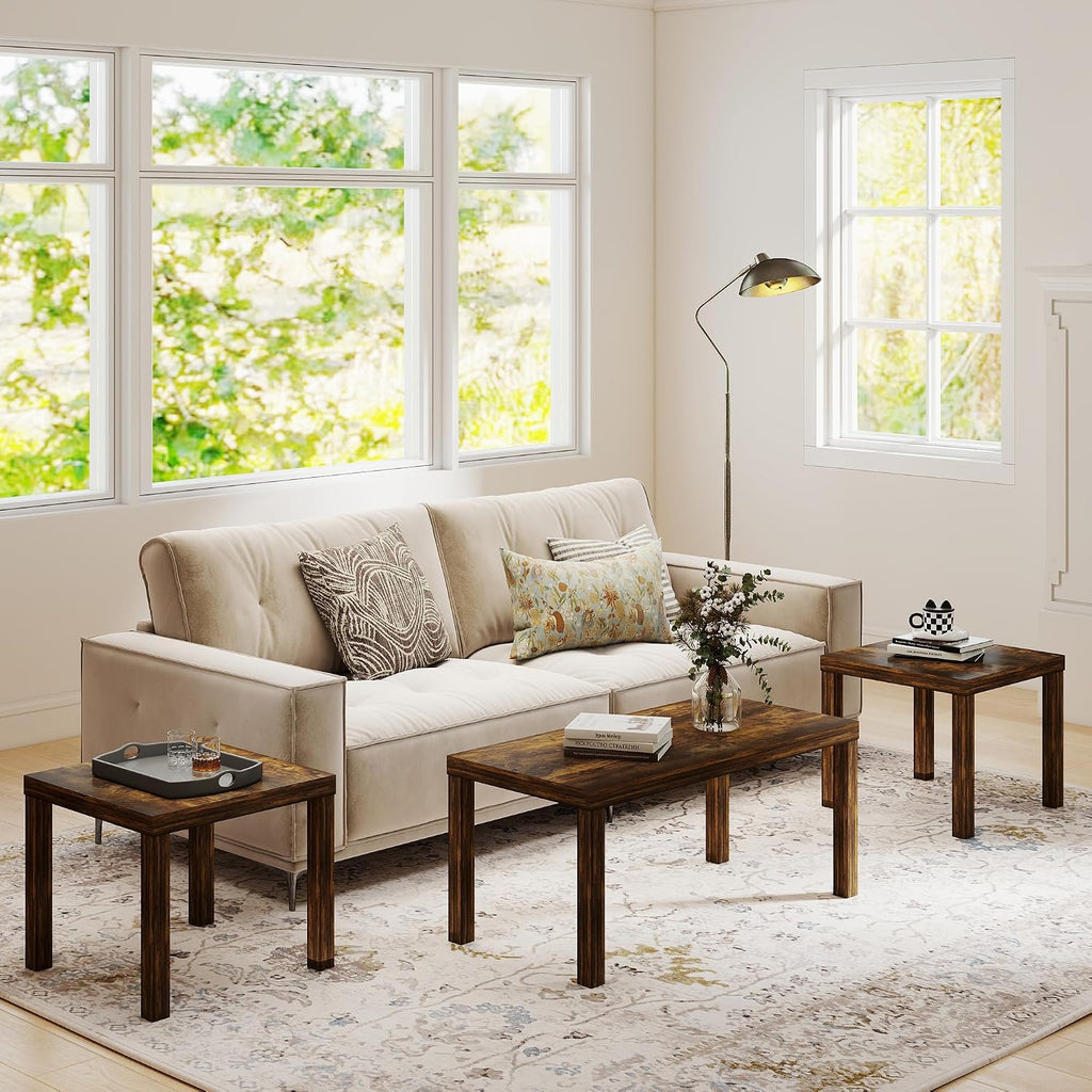 Modern Coffee Table Set of 3, Rectangle Coffee Table with End Tables Thick Frame Living Room Table Sets for Small Spaces