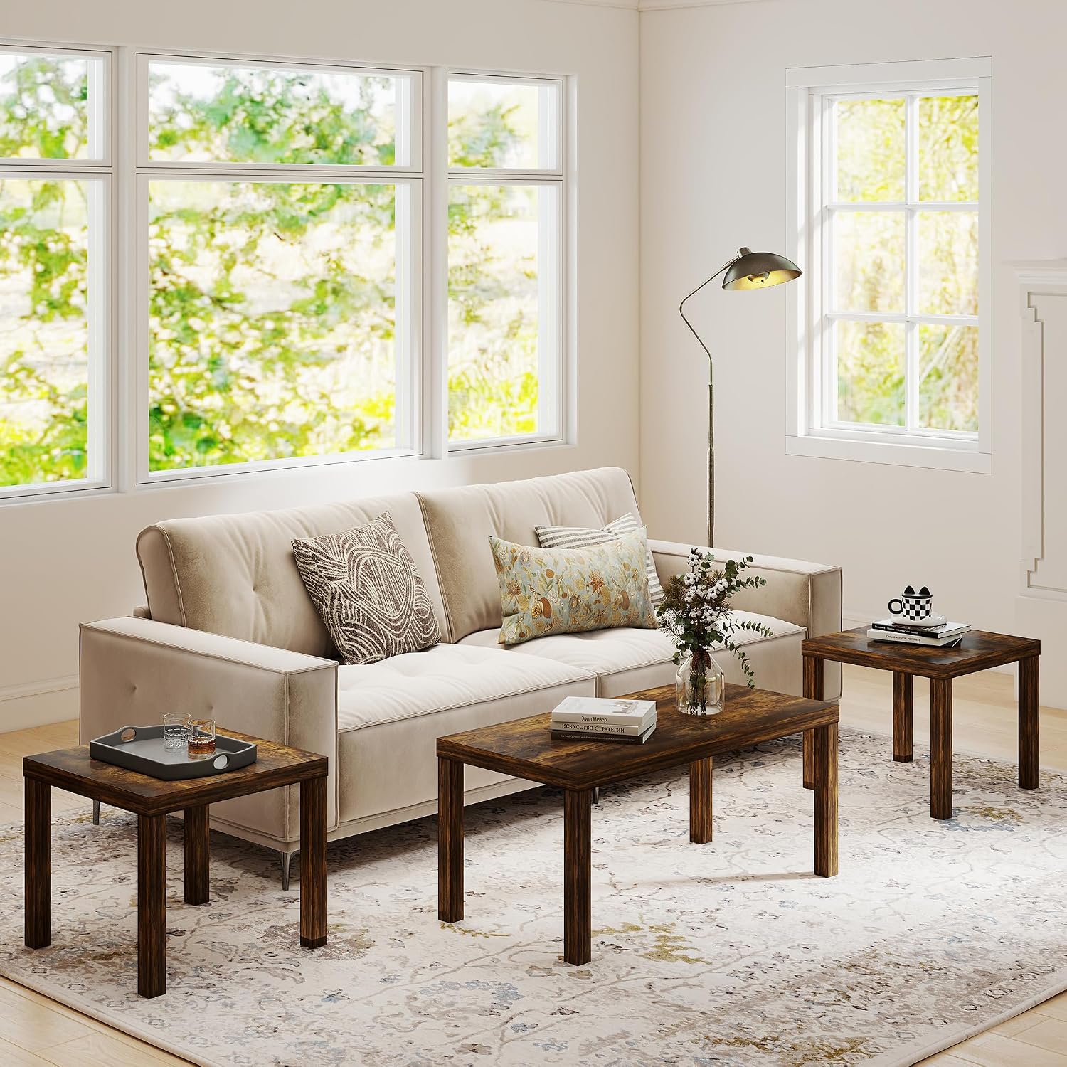 Modern Coffee Table Set of 3, Rectangle Coffee Table with End Tables Thick Frame Living Room Table Sets for Small Spaces