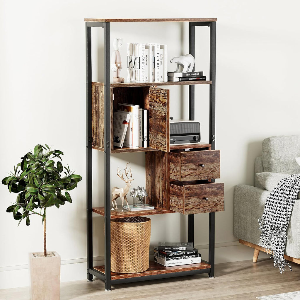 VECELO 5 Tier Bookshelf,62inch Height Bookcase with 2 Storage Drawers and 1 Cabinet, Wooden Shelves with Metal Frame,Open Book Shelves Standing Shelf Unit for Living Room, Bedroom,Office