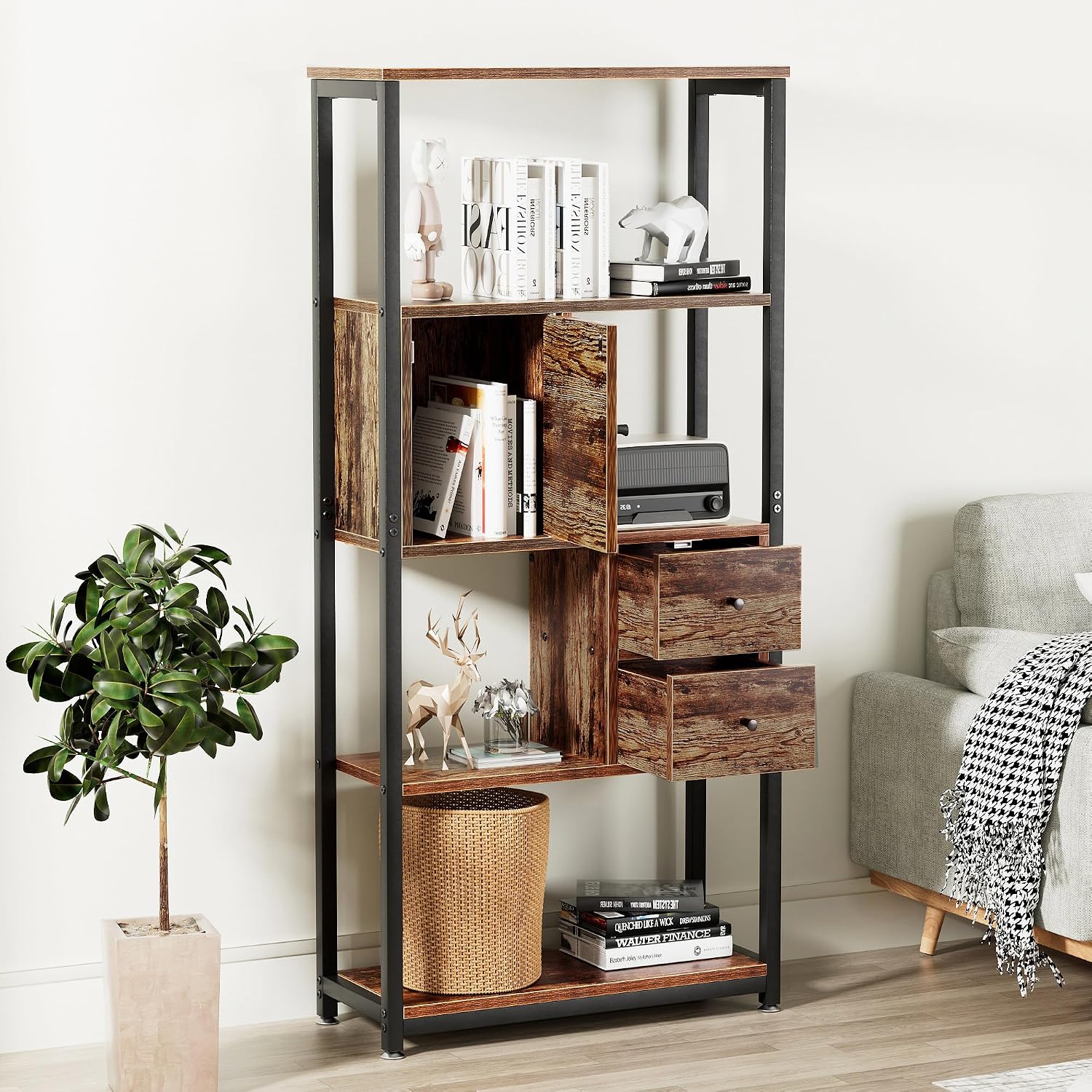 VECELO 5 Tier Bookshelf,62inch Height Bookcase with 2 Storage Drawers and 1 Cabinet, Wooden Shelves with Metal Frame,Open Book Shelves Standing Shelf Unit for Living Room, Bedroom,Office