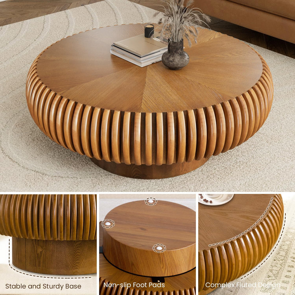31.5' Drum Coffee Table Modern Unique Fluted Tea Table Contemporary Wood Round Coffee Table with Fluted Centry Table for Living Room Walnut (31.5' Brown)