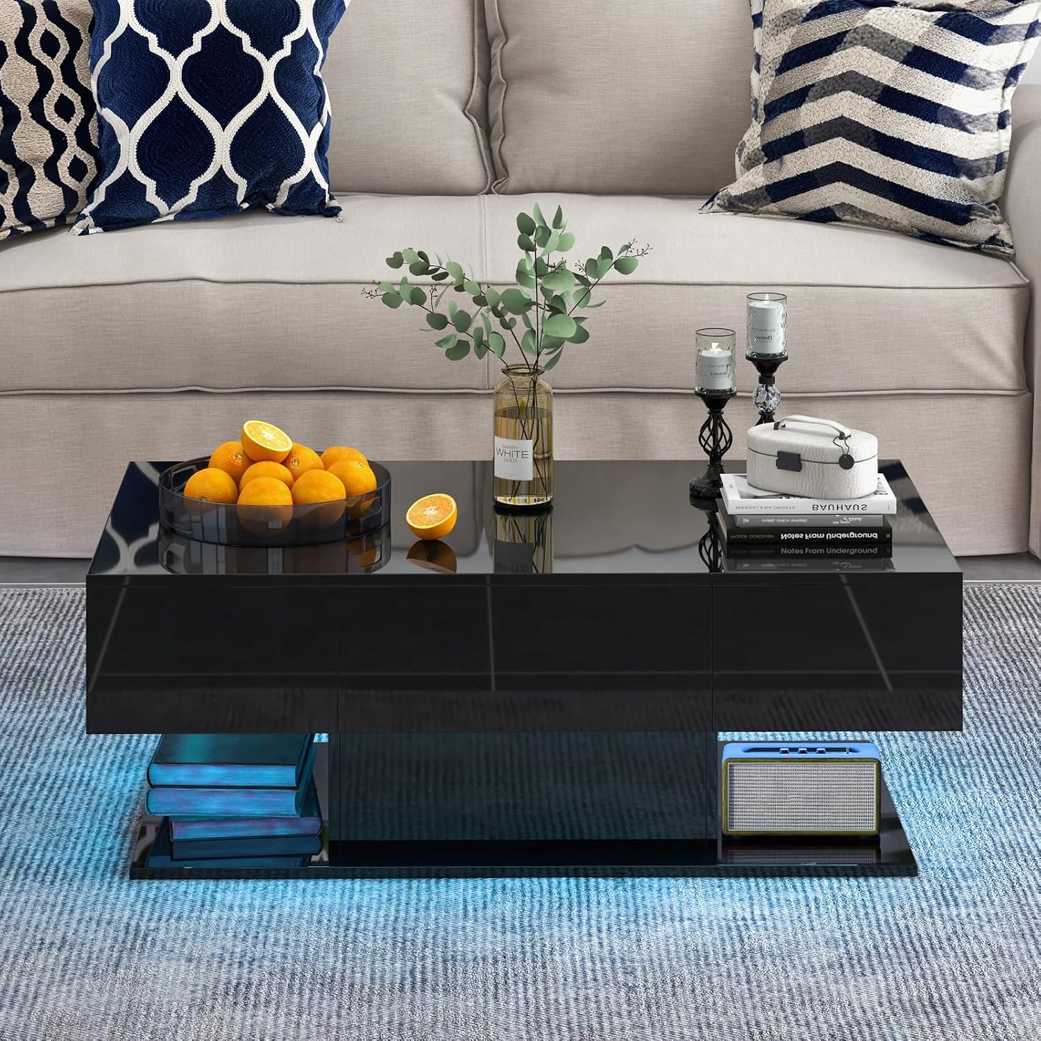 Tangkula LED Coffee Table with 2 Drawers, High Glossy Modern Center Table, 20-Color Dimmable LED Lights & Remote Control, 2-Tier Rectangle Coffee Table for Living Room (with Drawer, Black)