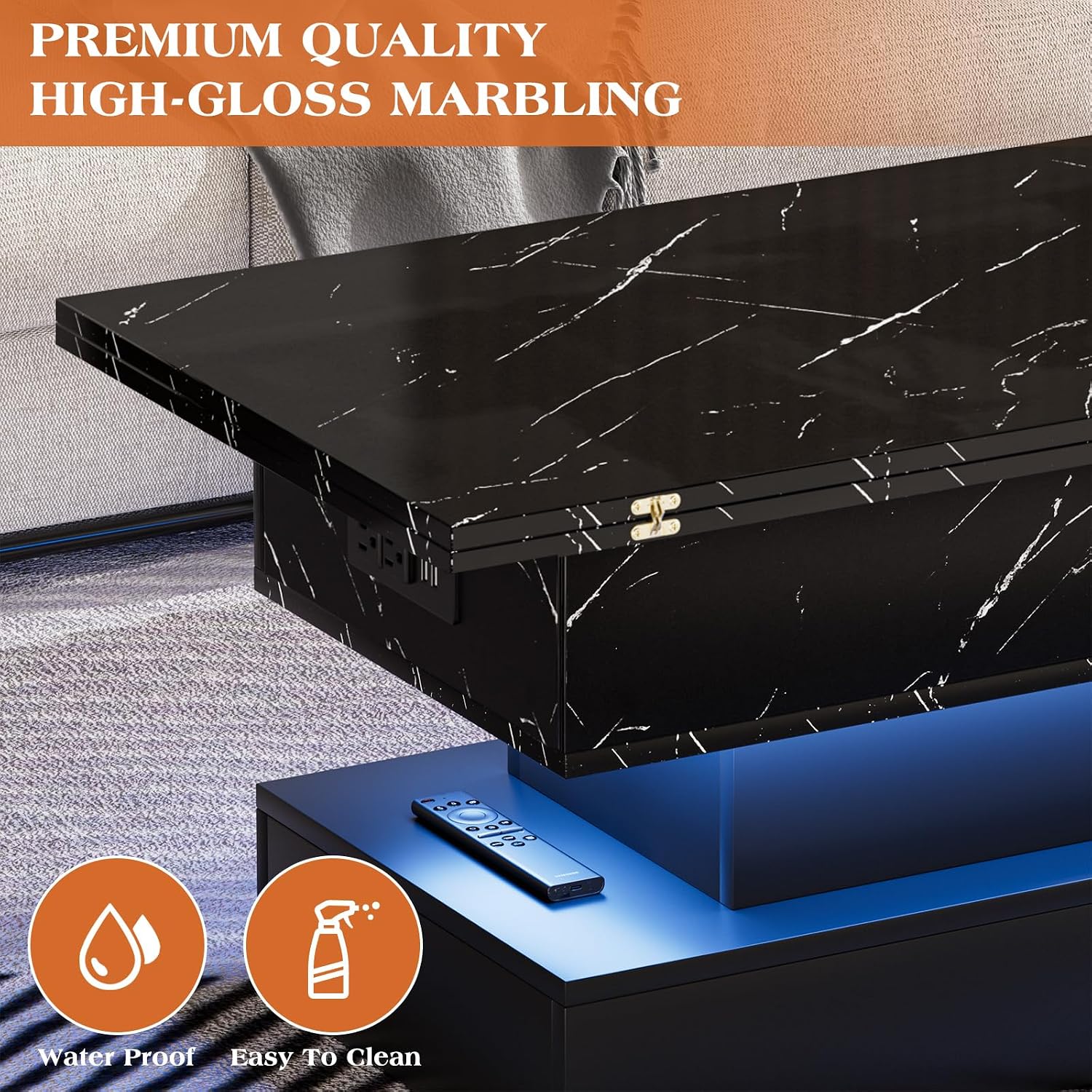 SYESWAY 39.4' Lift Top Coffee Table with Charging Station, 4-in-1 Multifunctional Coffee Table with Storage & Hidden Compartments, High-Glossy Marbling Print LED Center Table for Living Room, Black