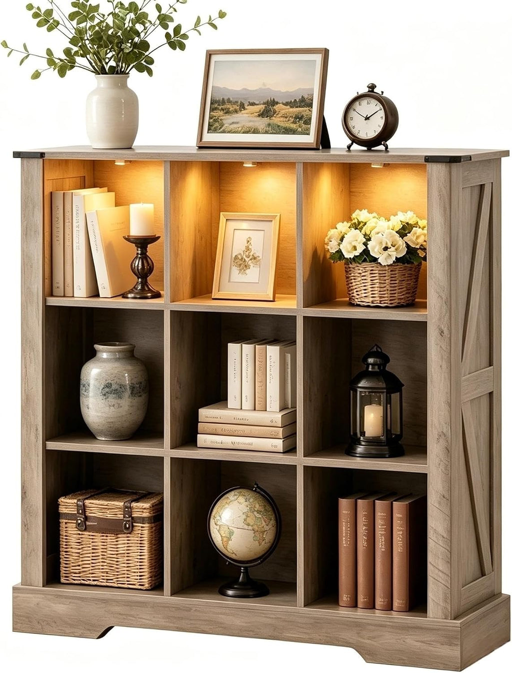 9 Cube Storage Organizer, 3 Tier Book Shelf with Led Lights, Farmhouse Book Shelves for Living Room, Horizontal Toy Storage Bookshelf, Wood Display Bookcase Cabinet for Bedroom, Office, Grey