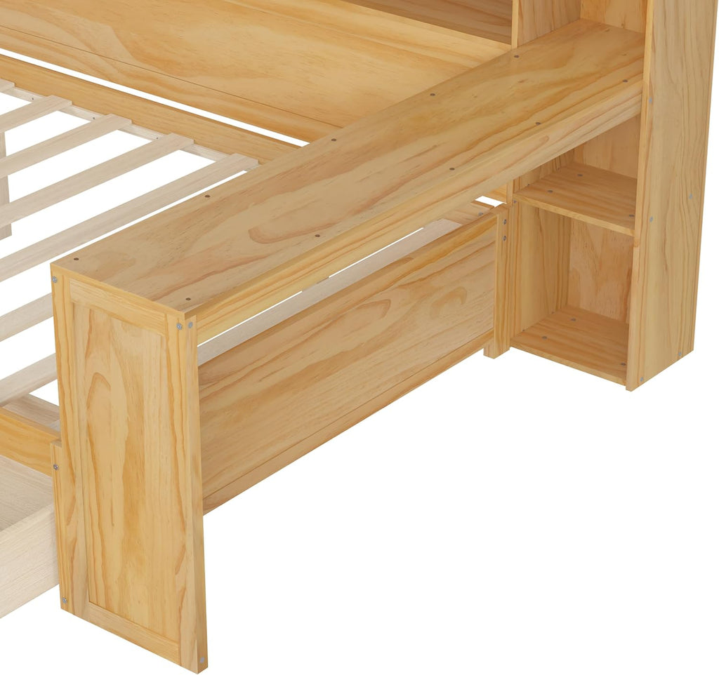 LUMISOL Full Size Daybed with Desk & Storage, Wooden Corner Bed Frame with Storage Drawers & Shelves for Living Room, Guest Room, No Box Spring Needed, Natural