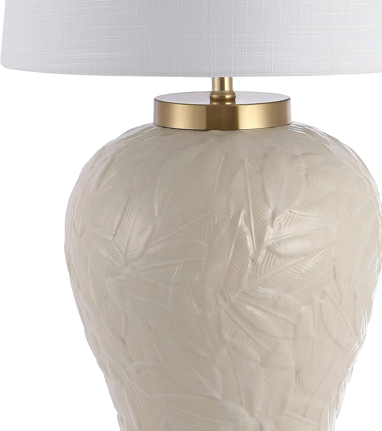 JONATHAN Y 31.5' Cream Ceramic Palm Leaf Table Lamp, Bohemian Cottage Tropical Pattern Lamp for Bedroom Living Room, White Linen Empire Shade, LED Bulb Included JYL6617A