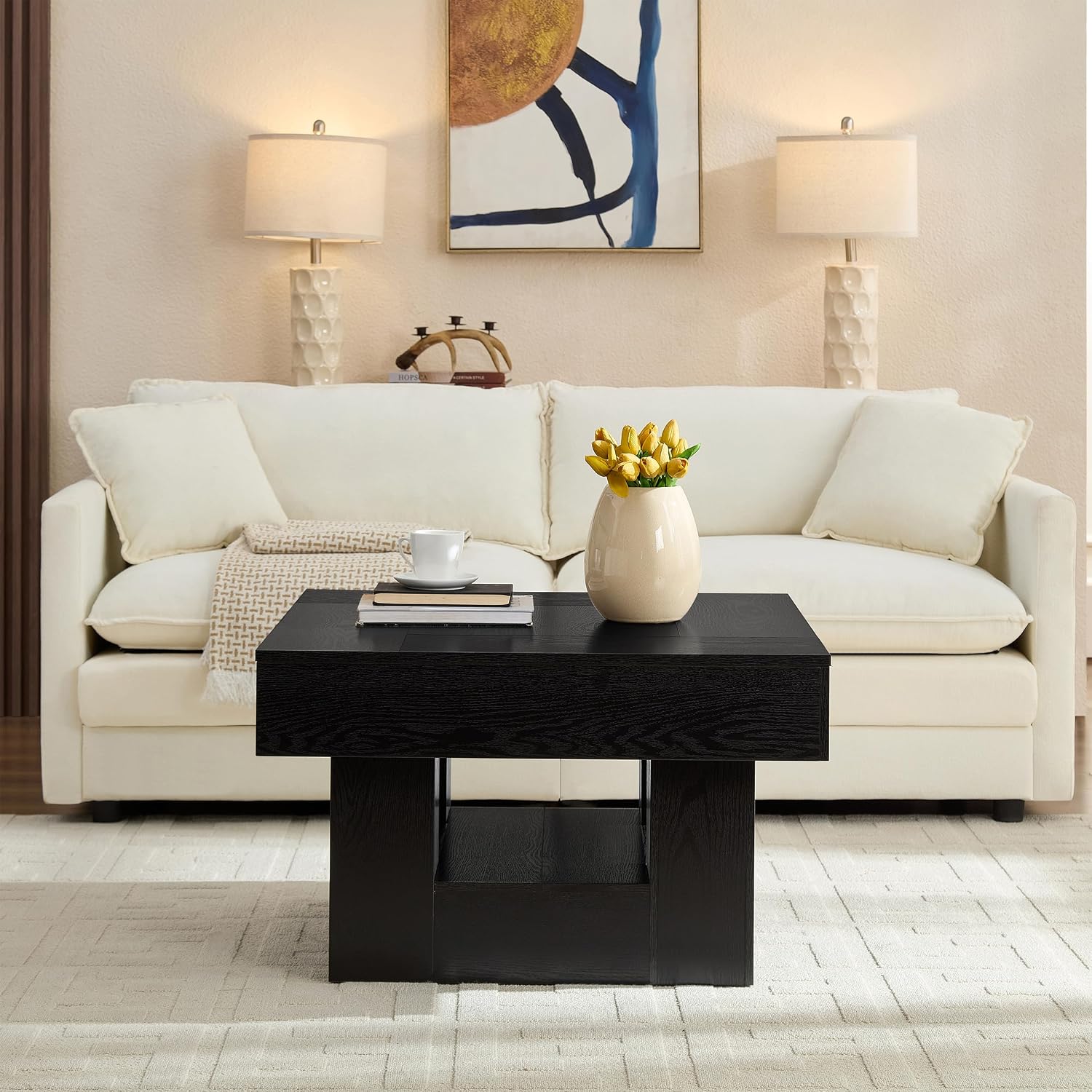 OKYCI Modern Coffee Table for Living Room, Wood Living Room Table with Sturdy Wooden Legs, Easy Assembly, 31.5' W x 31.5' D, Black