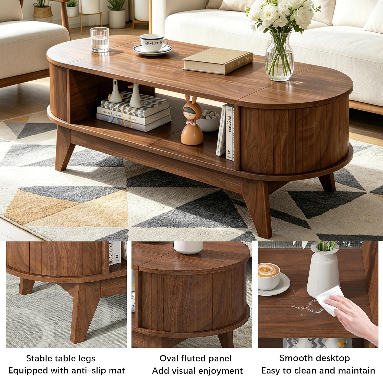 Coffee Table with Storage,Mid Century Modern Coffee Tables with 2 Flip-Top Hidden Lids,Fluted Coffee Table,Wood Center Tables for Living Room Home Office (Walnut Color)
