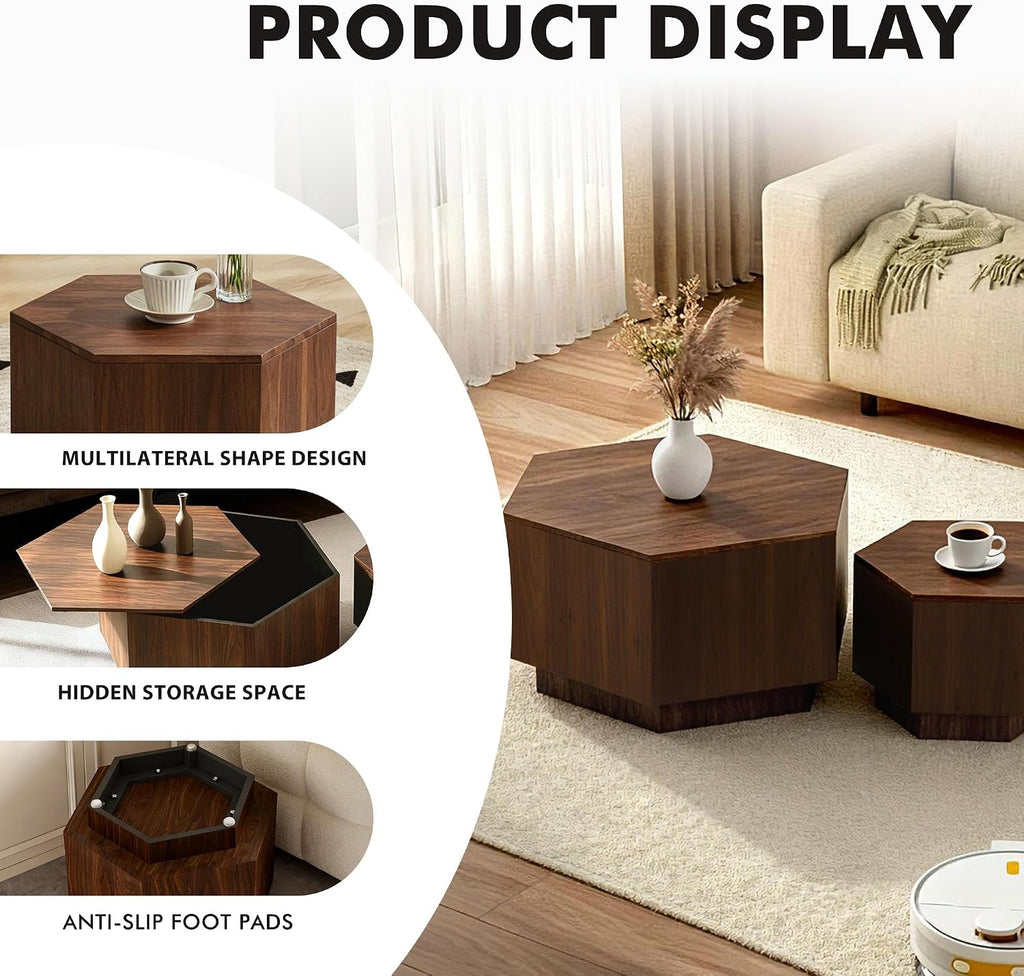Hexagonal Nesting Coffee Tables Set of 2, Walnut Coffee Table with Storage, Mid Century Modern Center End Side Tables with Anti-Slip Feet for Living Room Farmhouse Apartment Office