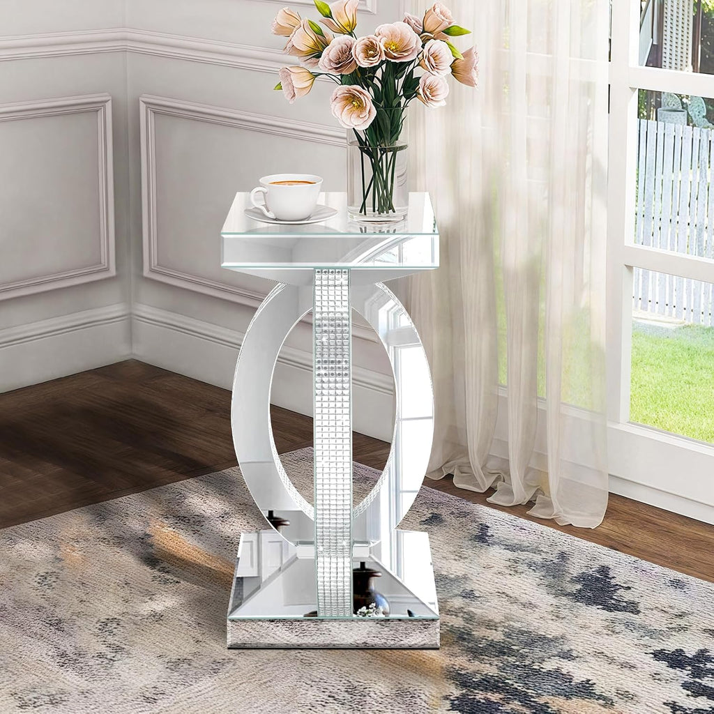 Silver Mirrored End Table with Crystal Inlay, Modern Side Accent Table, Small Mirrored Coffee Table for Living Room, Bedroom 12'x12'x24'