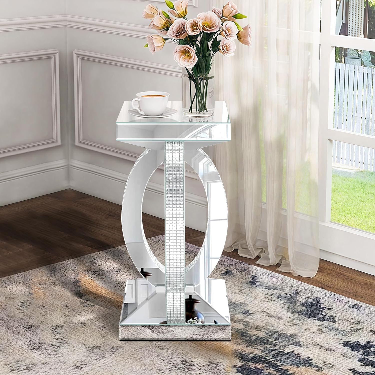 Silver Mirrored End Table with Crystal Inlay, Modern Side Accent Table, Small Mirrored Coffee Table for Living Room, Bedroom 12'x12'x24'