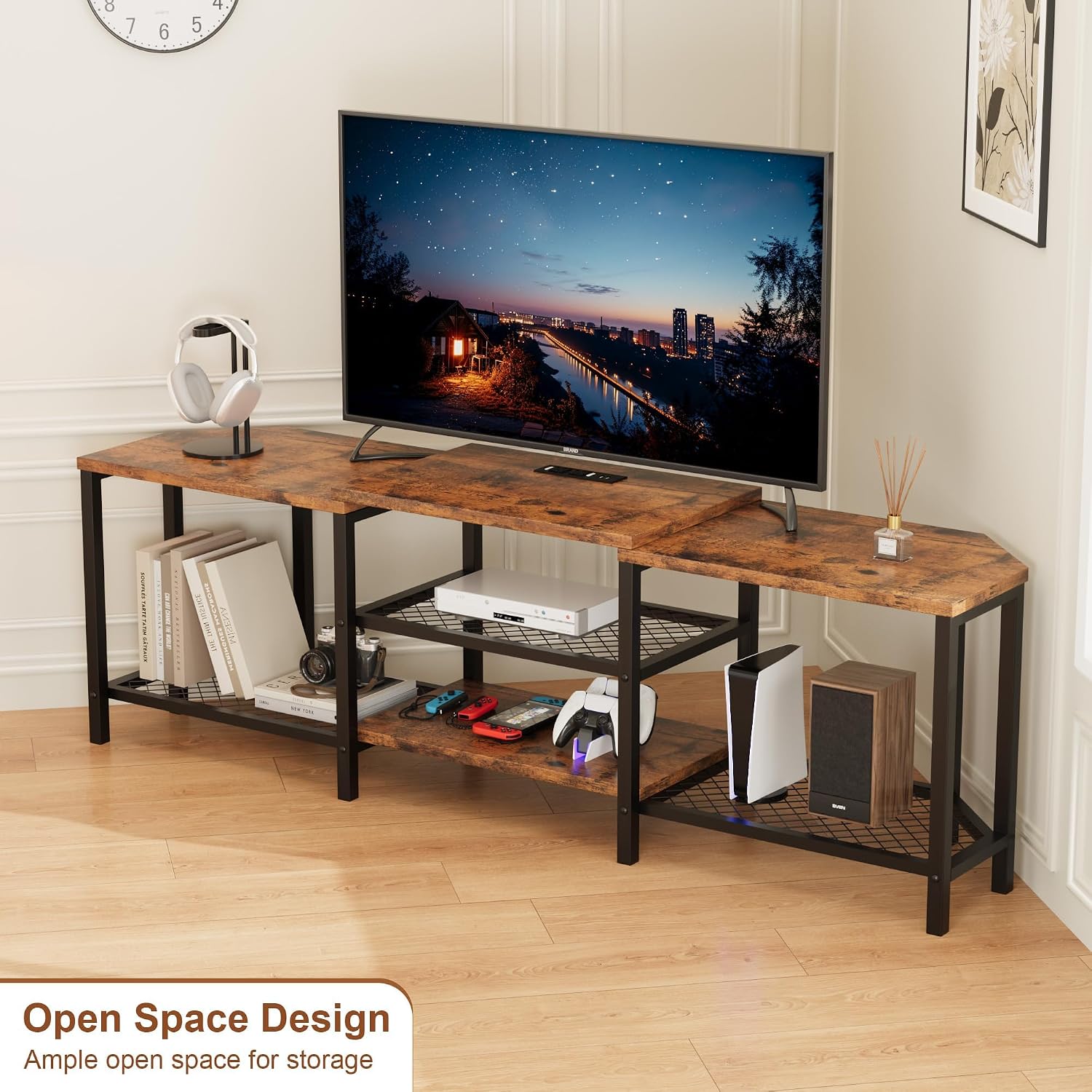 Corner TV Stand,with Power Outlets,Led Strip,67 Inch Large Entertainment Center,3-Tier Open Storage Shelves, Media TV Console Table for Living Room, Bedroom,Brown