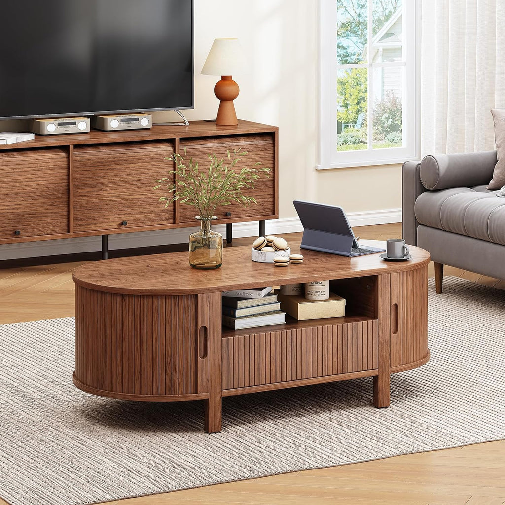 ONBRILL 47.2 Inch Oval Coffee Table with Storage, Mid Century Modern Coffee Table with Drawer, Center Table with Sliding Door and Wood Fluted Handle for Living Room, Walnut