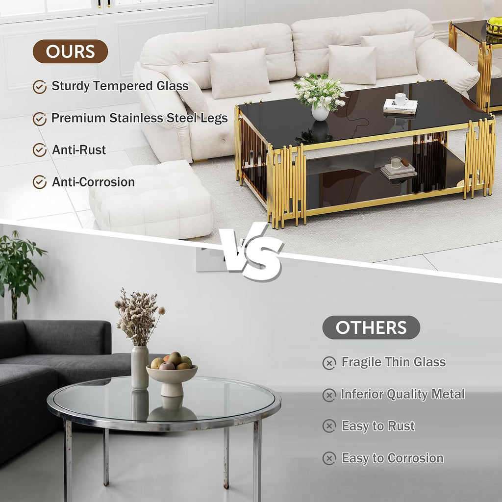 Gold Glass Coffee Table Black Modern Living Room Table Stainless Steel Metal Leg Large Rectangular Tempered Glass Center Tables for Home Office (Black, 51' Coffee Table)