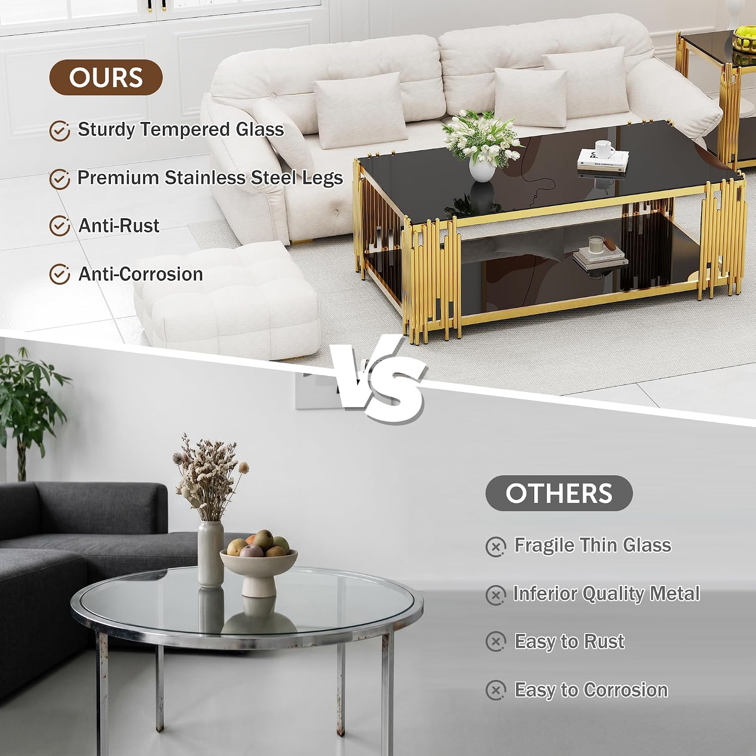 Gold Glass Coffee Table Black Modern Living Room Table Stainless Steel Metal Leg Large Rectangular Tempered Glass Center Tables for Home Office (Black, 51' Coffee Table)