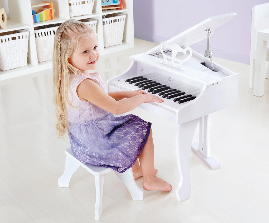 Hape Deluxe White Grand Piano | Thirty Key Piano Toy with Stool, Electronic Keyboard Musical Toy Set for Kids 3 Years+