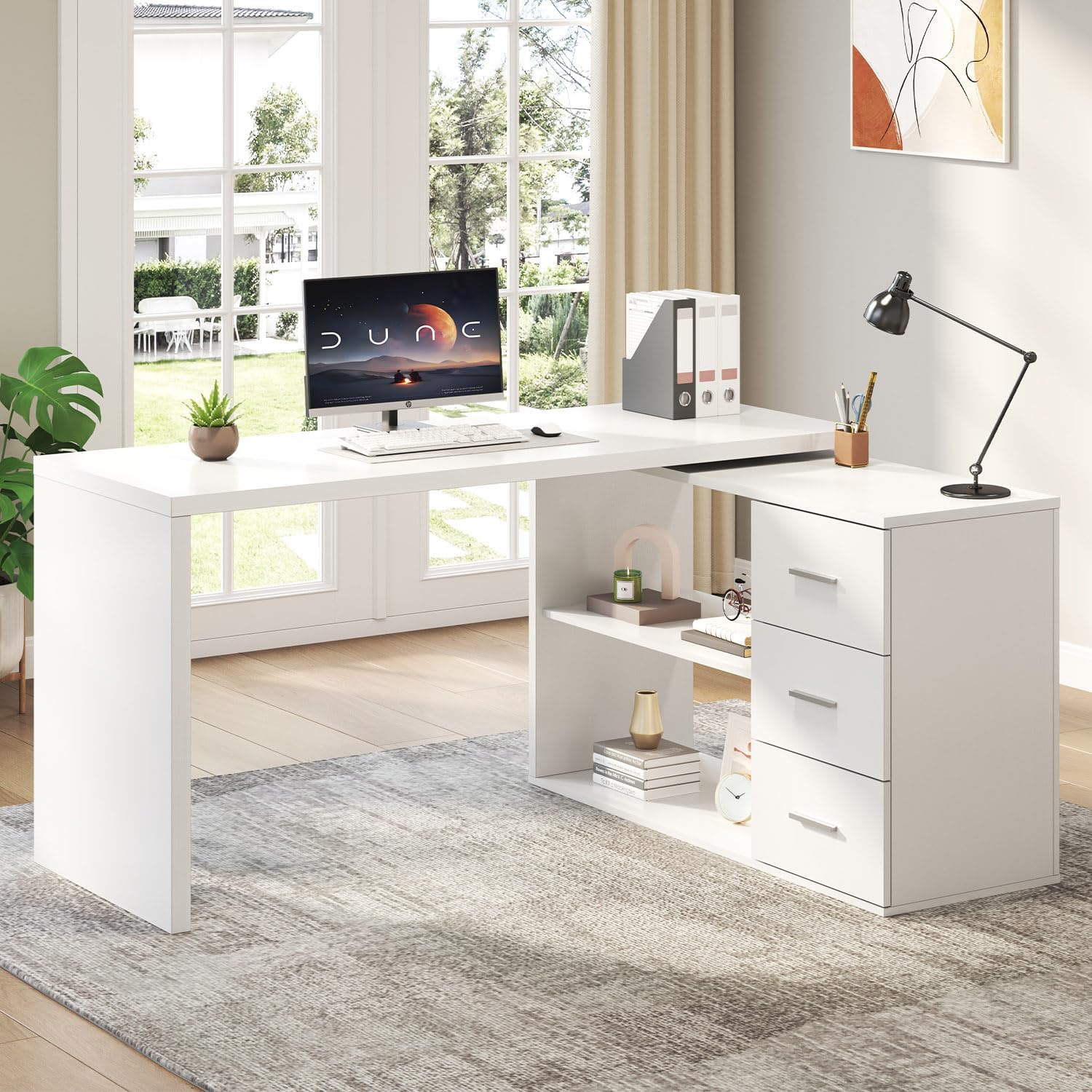 HSH L Shaped Office Desk with Drawers Shelves 55-76 Inch, Corner Computer Desk with Storage 360 Rotating Long for Work, Executive, Study, Writing, Teacher, Bedroom Modern Gaming Table White