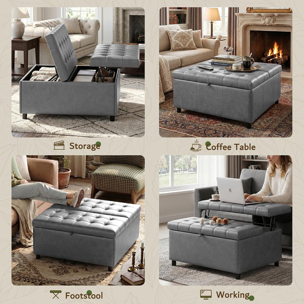 LINLUX Extra Large Leather Storage Ottoman, 35.5 Inch Large Square Lift Top Ottoman Coffee Table with Storage, Tufted Leather Ottoman Footrest Toy Box for Living Room，Bedroom